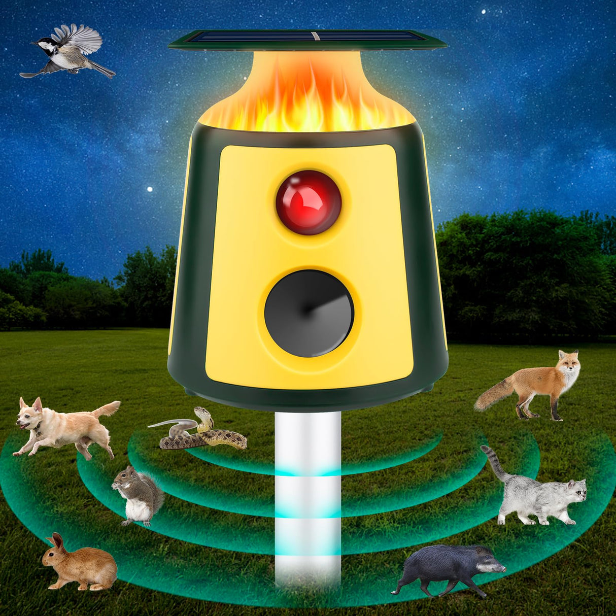 2024 Upgraded Animal Repeller, Solar Ultrasonic Animal Repeller 360° Induction & LED Flame Light, Cat Repellent Outdoor Waterproof, Animal Deterrent Repel Cats, Dogs, Deer, Wild Boars, Foxes and More