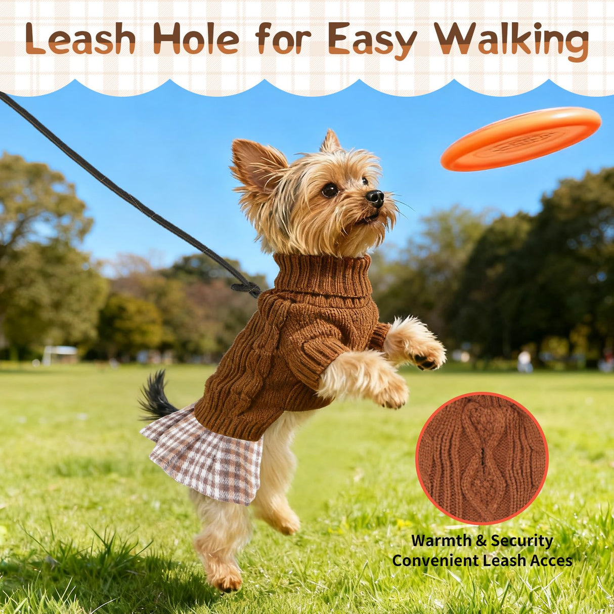 Hpetppy Dog Sweater Dress with Bowtie Turtleneck Warm Pullover Pet Sweater Soft Comfy Knitwear Dog Sweaters for Small Dogs Girl Pet Winter Clothes Cat Apparel with Leash Hole (Brown M)