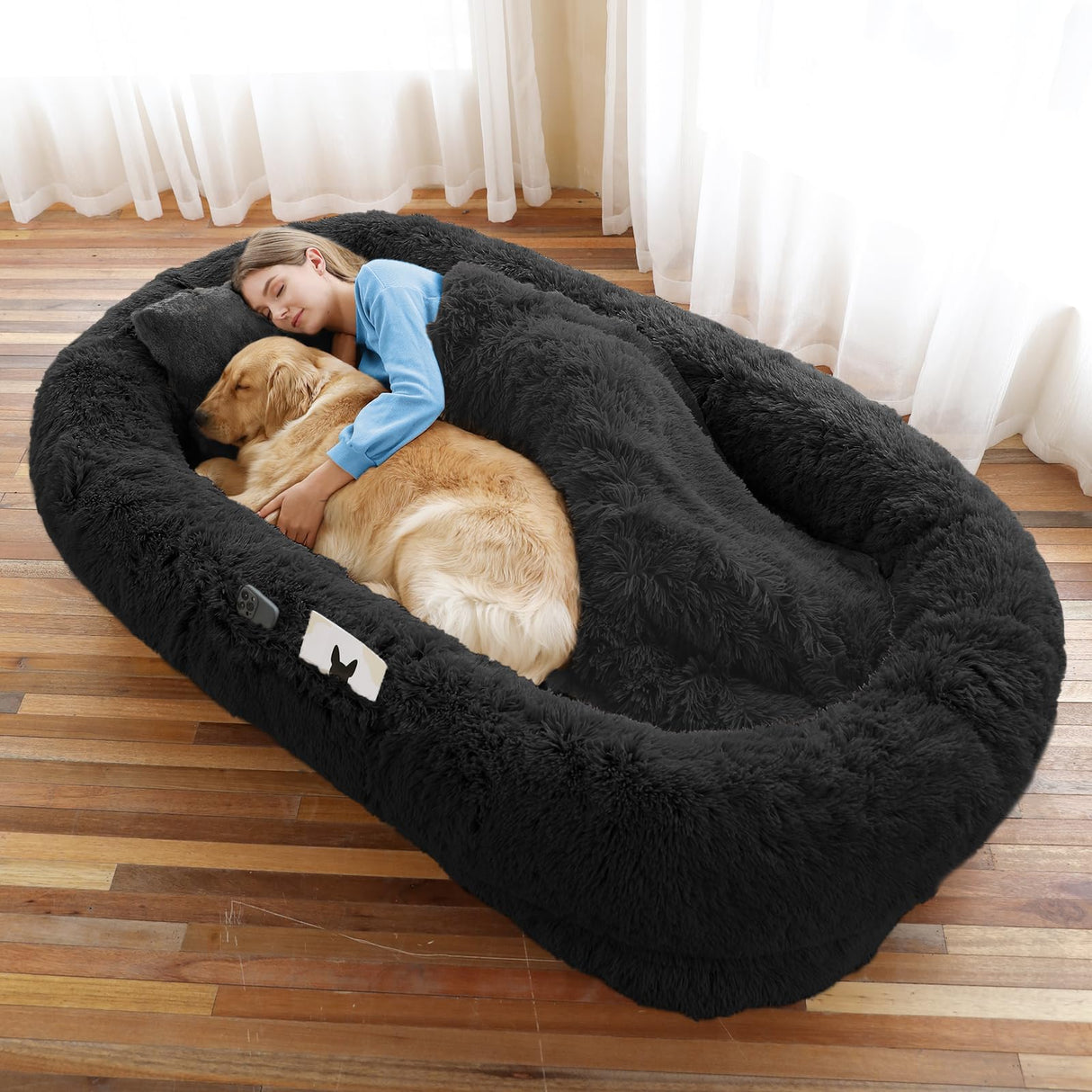 Human Dog Bed, 71''x45''x12'' Size Fits You and Pets, Washable Faux Fur Pet Bed for People Doze Off, Napping Orthopedic Dog Bed, Present Plump Pillow, Blanket, Strap - Black