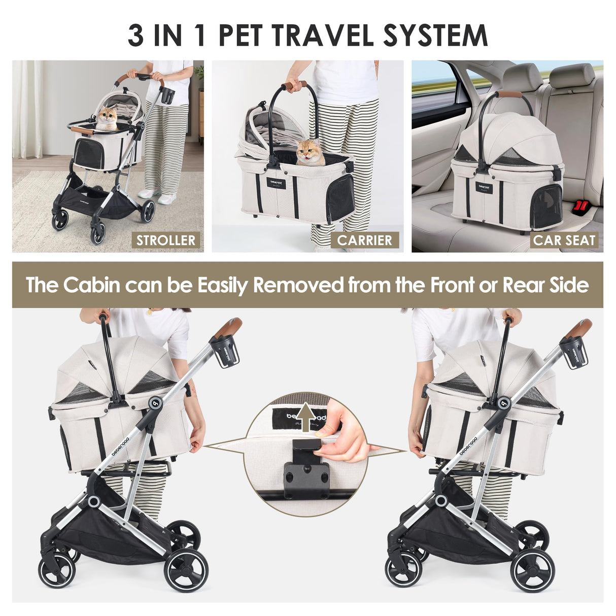 Beberoad Pets T3 Pro 3-in-1 Pet Stroller for Small Dogs & Cats – Foldable, Lightweight with Detachable Carrier, 180° Canopy & Cup Holder (Beige)