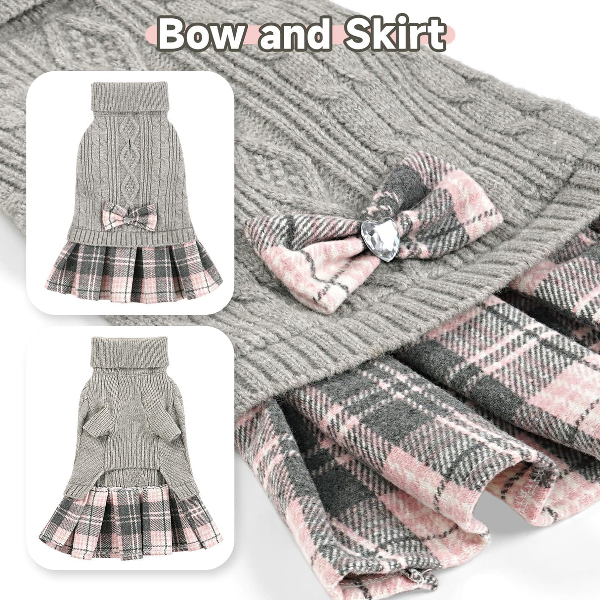 YUDODO Dog Sweater Dress for Dogs Girl with Bowtie Turtleneck Knitted Pet Dress Dog Winter Clothes Warm Sweaters for Puppy Yorkies Chihuahua Grey L