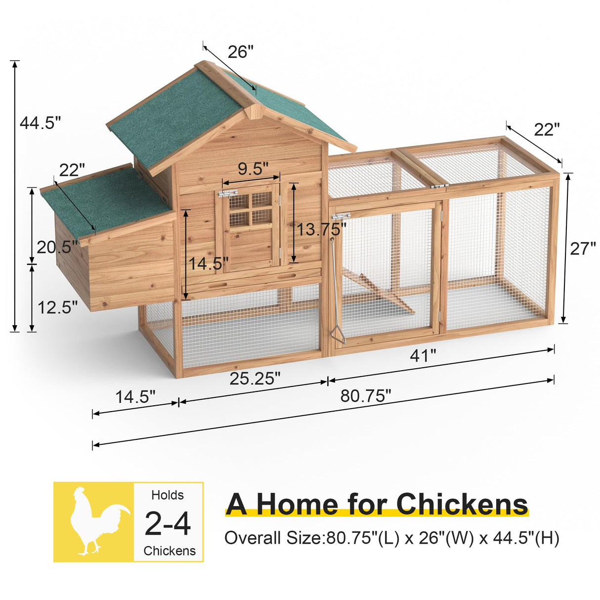 GOJOOASIS 80" Chicken Coop for 2-4 Chickens Outdoor Wooden Hen House Poultry Pet Hutch for Backyard w/Run Cage & Nesting Box(A)