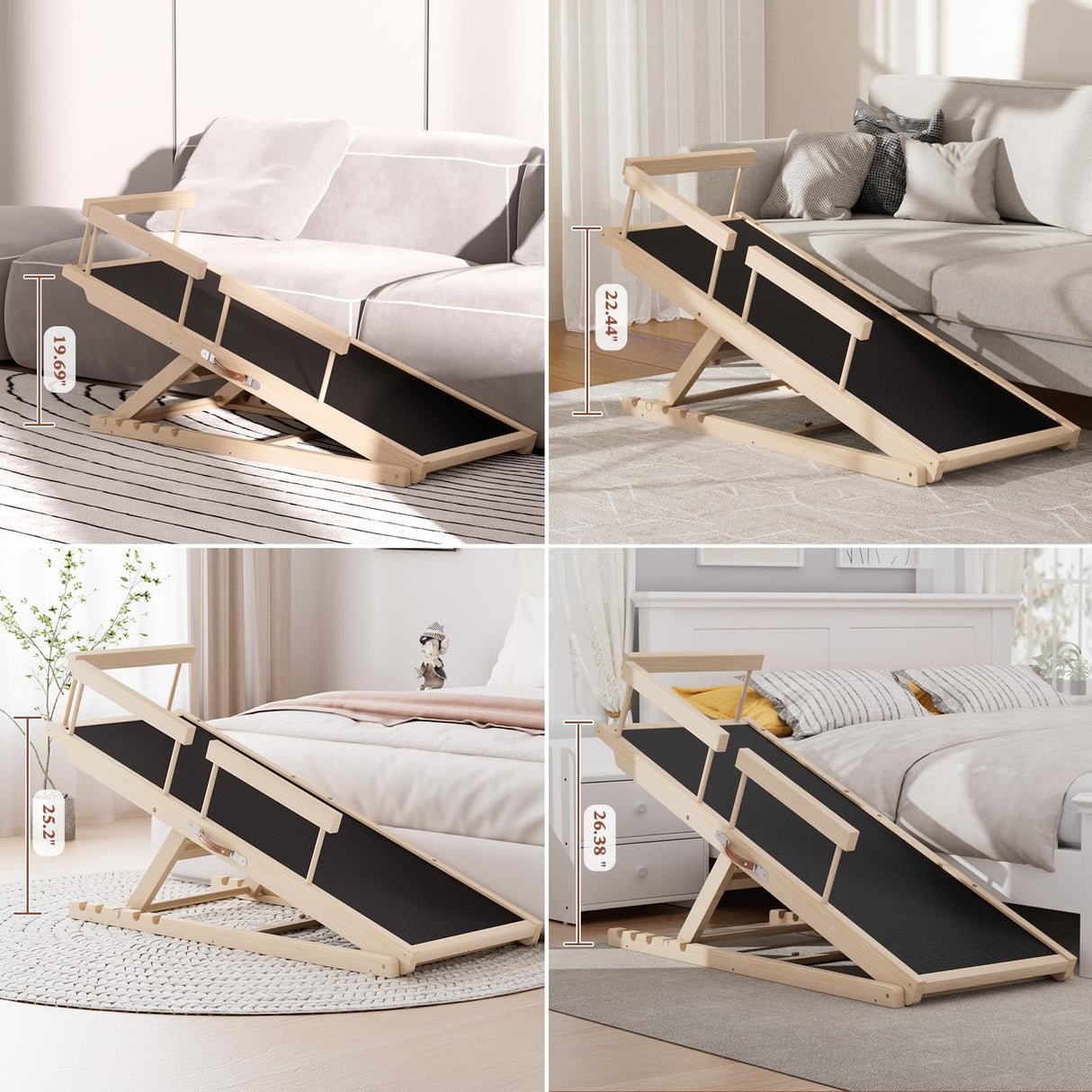 Chuiendi Dog Ramp for High Bed, Couch, Car, Pet Ramps 55.12" Long Adjustable 19.3"-27.17" Wooden Dog Step with Anti-slip Rubber Mat & Safety Side Rails for Small Medium Large Older Pets, up to 250 lbs