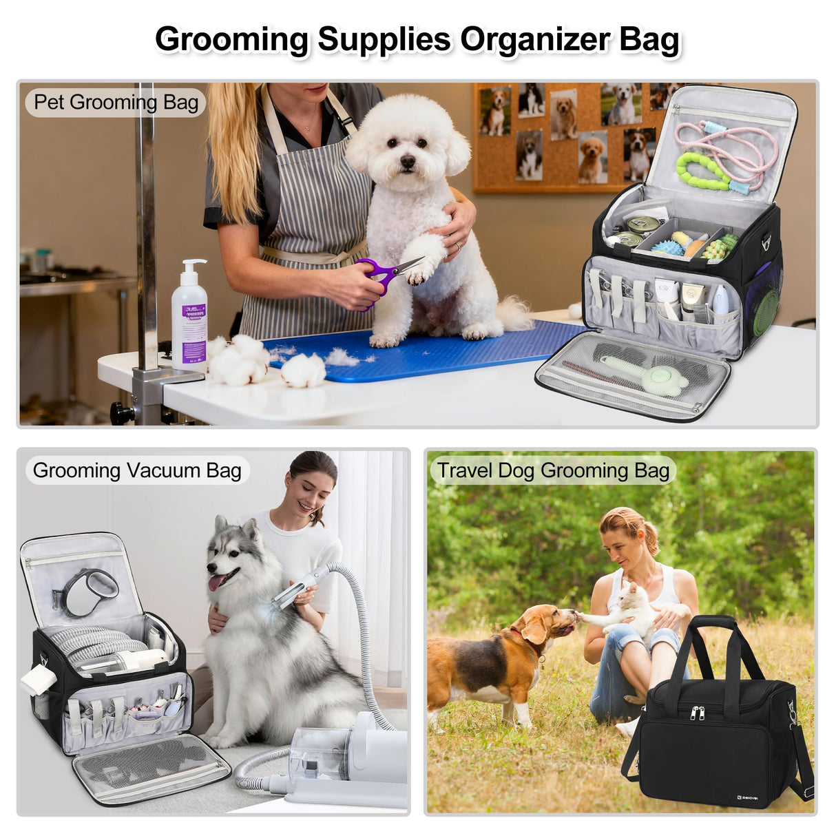Dog Grooming Vacuum Bag, Pet Grooming Bag Extra Large Dog Grooming Storage Bag with Compartments Professional Travel Animal Groomer's Tool kit Bags for Supplies - for Dogs, Cat & Pet Groomers( Black)