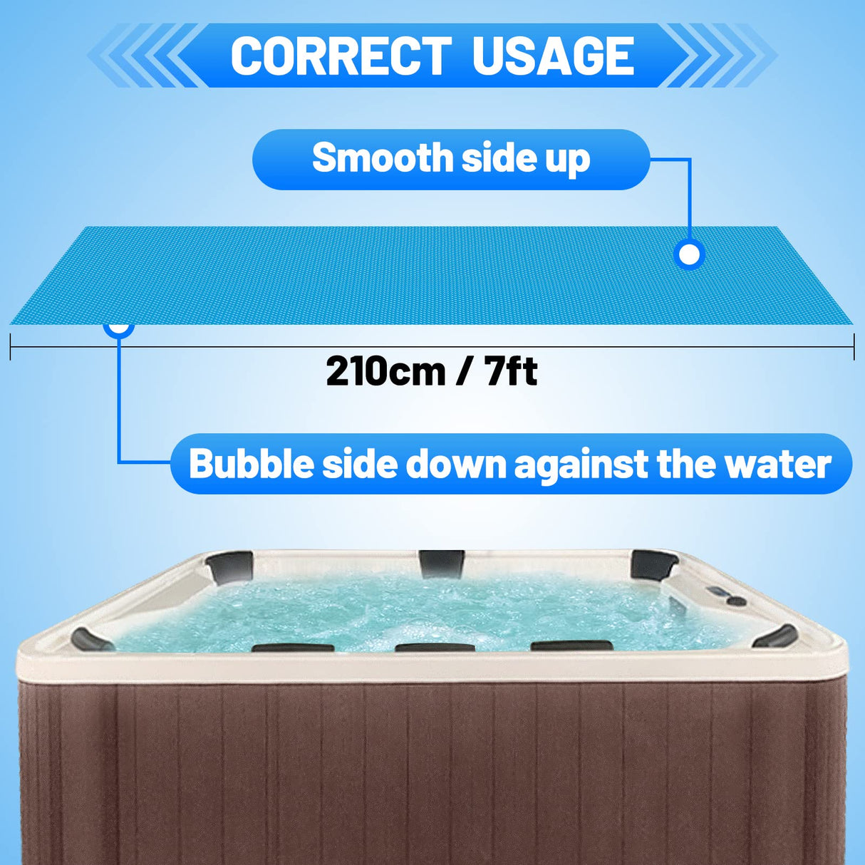 MADHOLLY Spa Hot Tub Cover for Heat Retention - 7×7FT Square 16-Mil Heavy-Duty Bubble Solar Blanket for Preventing Water Evaporation, Easy to Cut and Clean (210 × 210 CM)