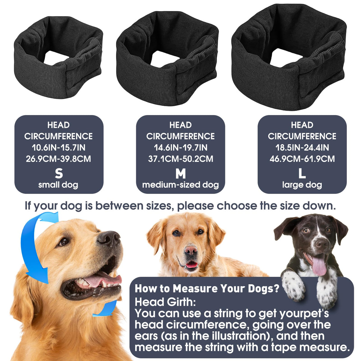 Pacify Dog Calming Hoodie, No Shake Ear Wraps for Dogs, Adjustable Dog Ear Muffs Head Wrap for Noise Reduction, Anxiety Relief, Grooming, Thunder, Hematoma (Black, M(Head Girth:14.6"-19.7"))