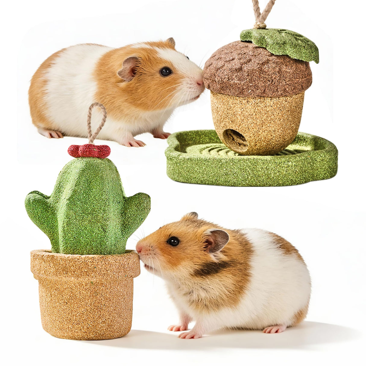 Rodizoo 2 Pack Guinea Pig Chew Toys Natural Rabbit Chew Toys Hamster Molar Teeth Toys, Made with Natural Timothy Grass & Vegetables, Mushroom & Tree Shaped Habitat Decoration, Small Animal Toys