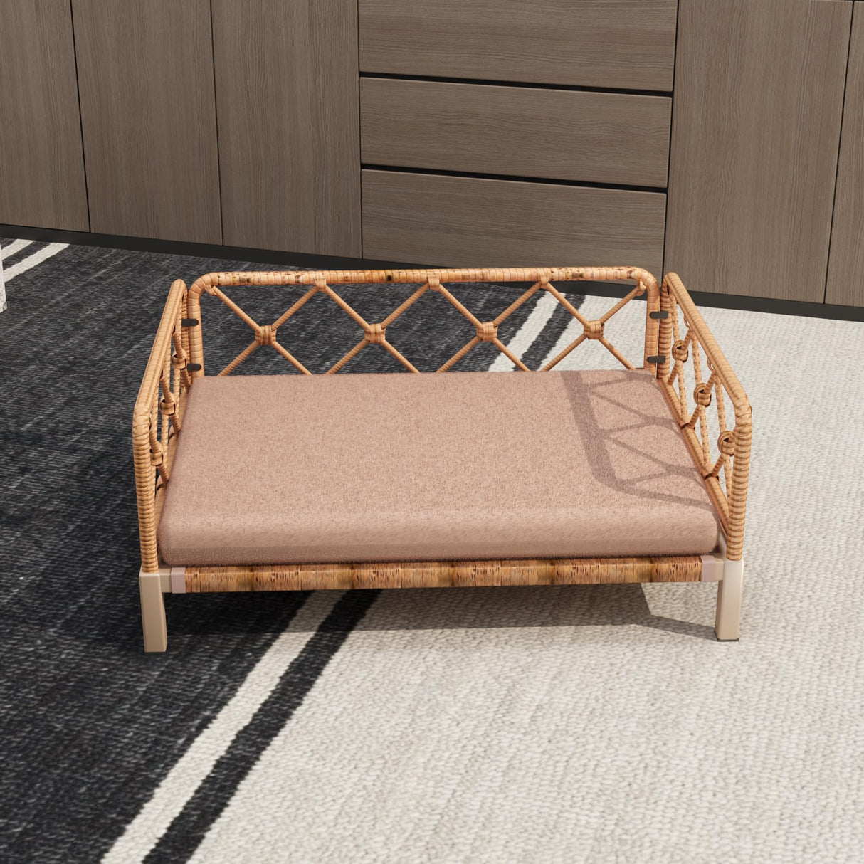 wallowsun Wicker Dog Bed with 2" Cushion,Rattan Dog Sofa Bed for Small Medium Dogs– Indoor/Outdoor Metal Frame Pet Bed up 66lbs (Brown Rattan Brown Cushion)