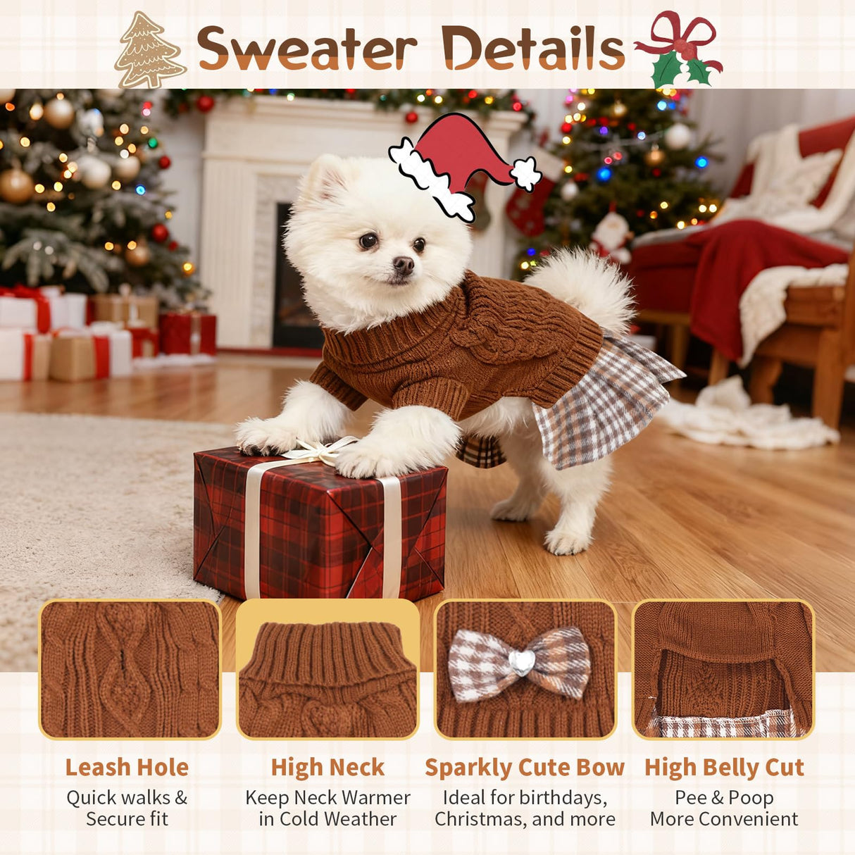 Hpetppy Dog Sweater Dress with Bowtie Turtleneck Warm Pullover Pet Sweater Soft Comfy Knitwear Dog Sweaters for Small Dogs Girl Pet Winter Clothes Cat Apparel with Leash Hole (Brown M)