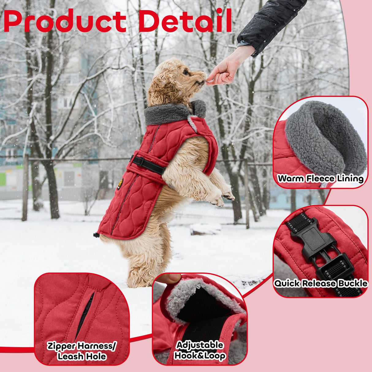 Sheripet Dog Coat Winter, Waterproof Quilted Dog Jacket for Cold Weather, Reflective Adjustable Puppy Winter Coat, Warm Turtle-Neck Pet Fleece Snow Jacket for XX-Large Dogs, NewRed XXL