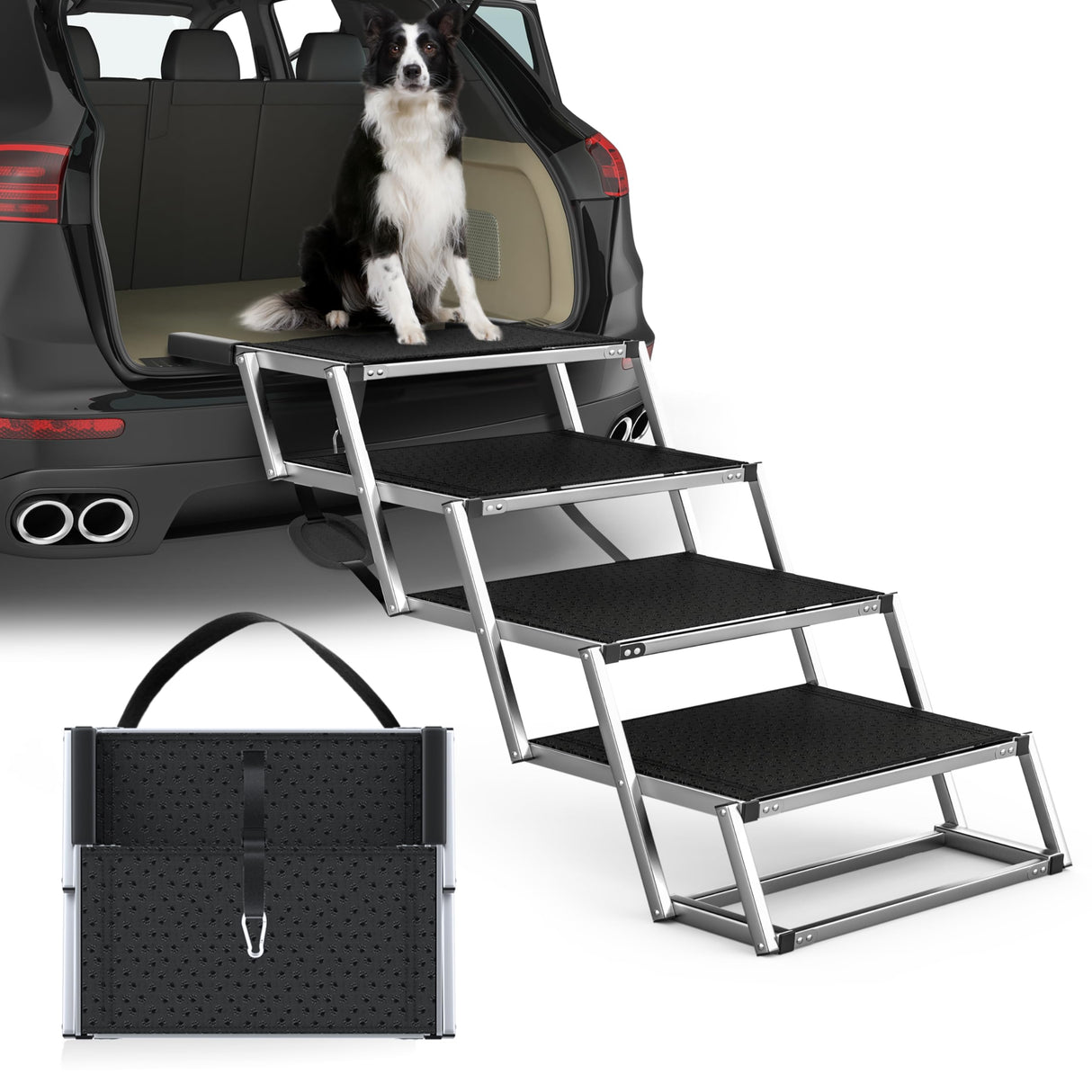 PetRuna Extra Wide Dog Stairs for Large Dogs, Foldable Dog Ramp for Car with Non-Slip Surface, Dogs Stairs for Cars, High Beds, Truck, Supports up to 250 lbs, 4 Steps
