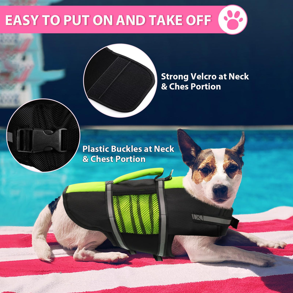 Queenmore Dog Life Jacket Lifesaver Preserver High Buoyancy with Emergency Grab Handle for Small & Medium Dogs Green, Large