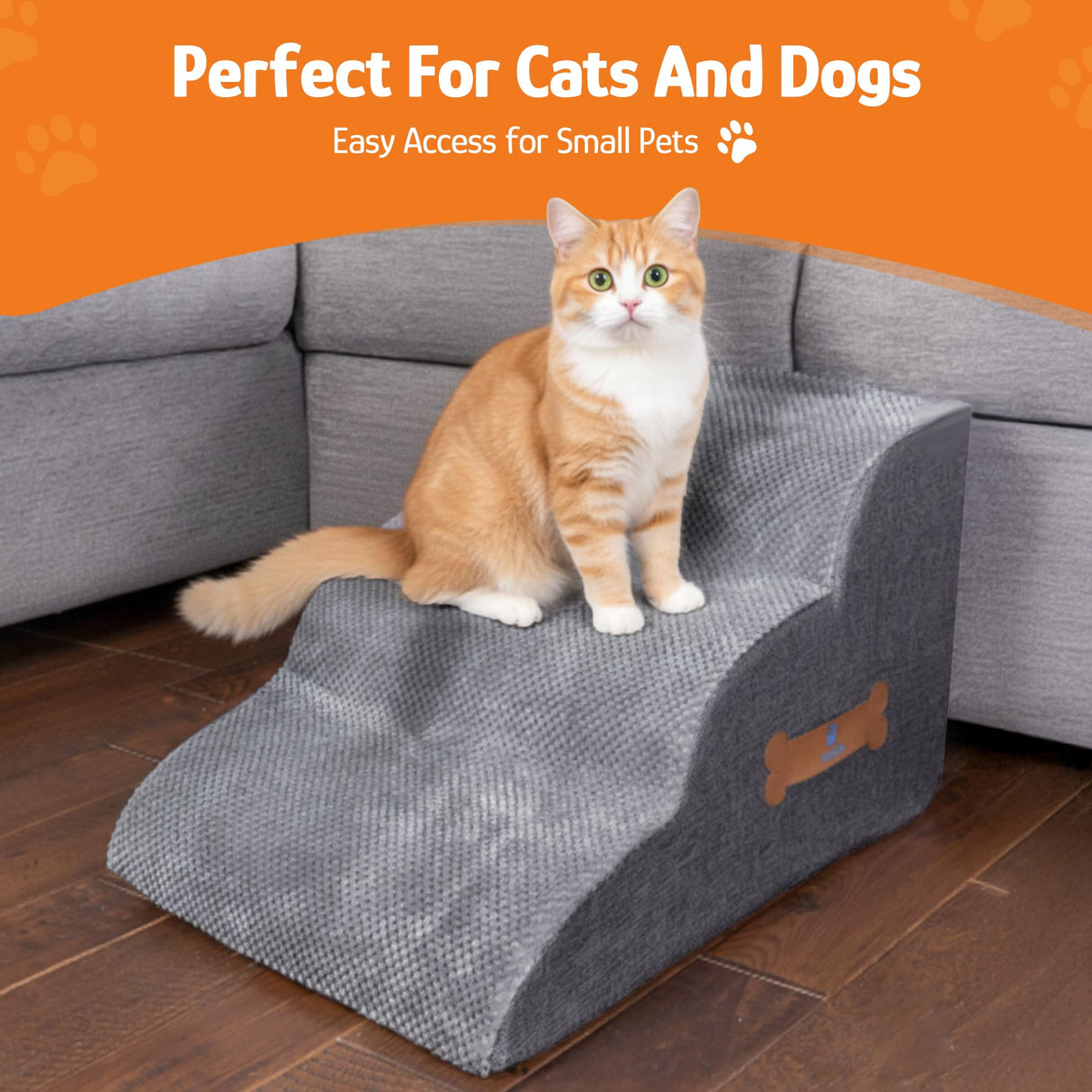 Dog Stairs for Small Dogs, 3-Step Dog Ramp for Bed Chair and Couch, Pet Stairs for Cats with Durable Non-Slip Waterproof Cover, Indoor Pet Steps, Comfortable, Grey