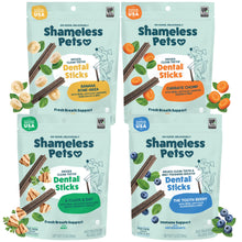 Load image into Gallery viewer, Shameless Pets Dental Chews for Dogs, Variety (4-Pack) - Natural Dog Teeth Cleaning Treats with Fresh Breath Benefits | Grain-Free Dental Sticks for Small, Medium & Large Dogs