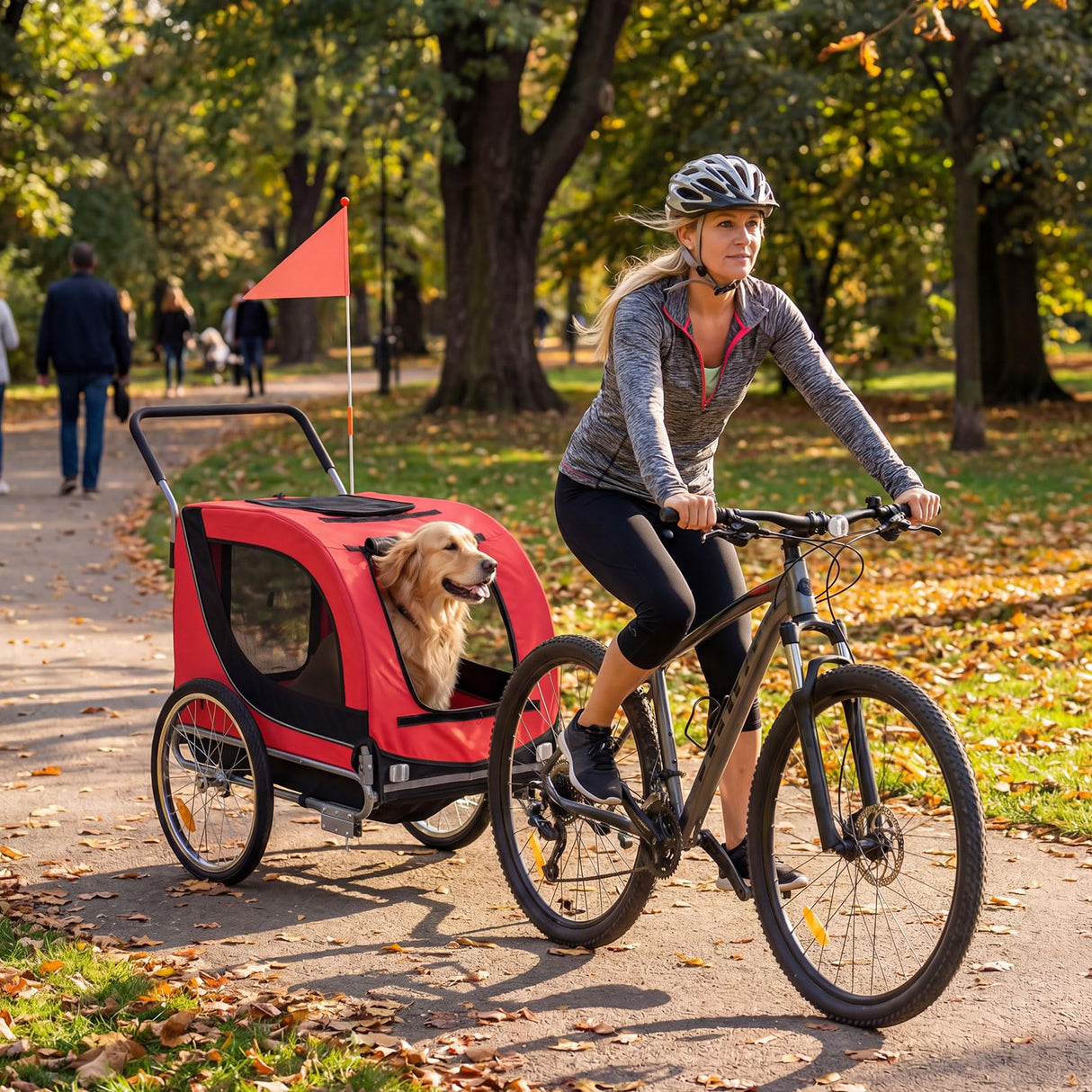 Giantex 2-in-1 Dog Bike Trailer & Pet Stroller for Large Dogs – Foldable Pet Carrier Cart with Front Caster & 2 Air-Filled Tires, Breathable Mesh, PVC Rain Cover, 176 lbs Capacity (Red)