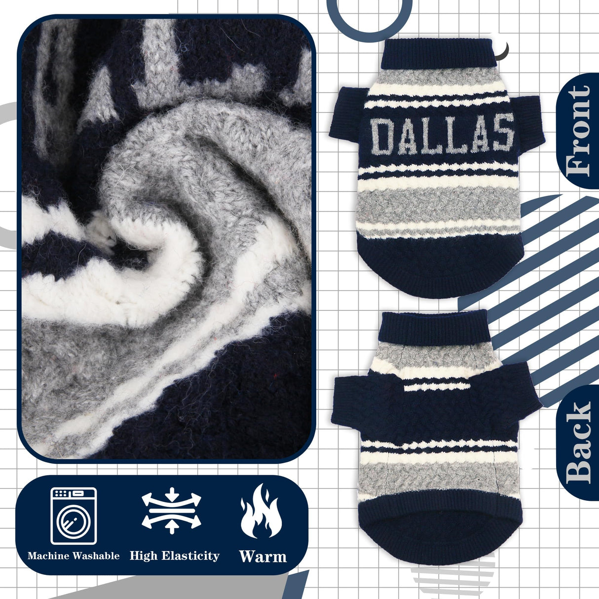 ZOARVEXD Dallas Small Dog Sweater Football Theme Turtleneck Knit Dog Sweaters for Small Pets Warm Winter Cat Dog Clothes