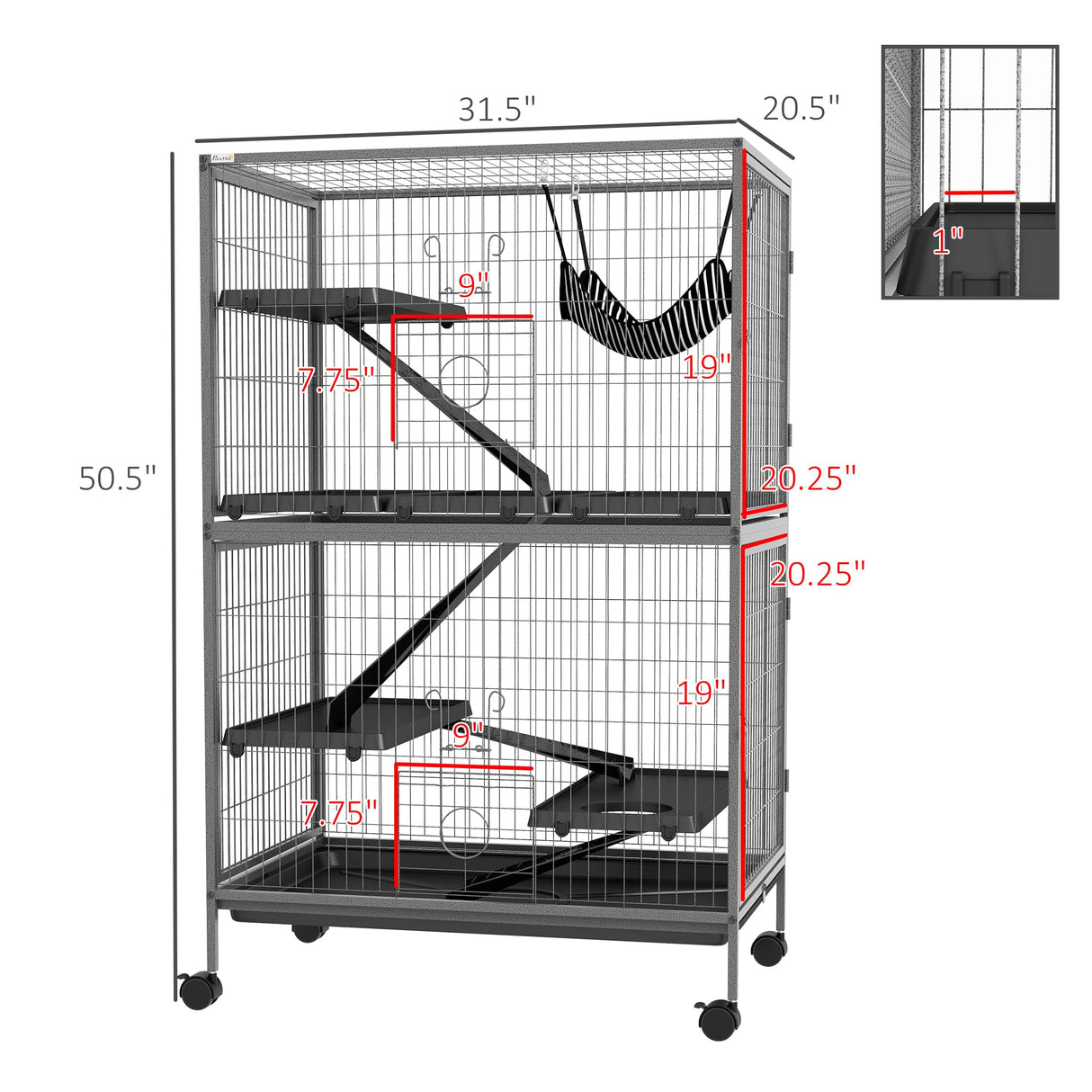 PawHut 50" 5-Tier Small Animal Cage, Ferret Cage, Large Chinchilla Cage with Hammock Accessory & Heavy-Duty Steel Wire, Small Animal Habitat with 4 Doors, Removable Tray, Gray