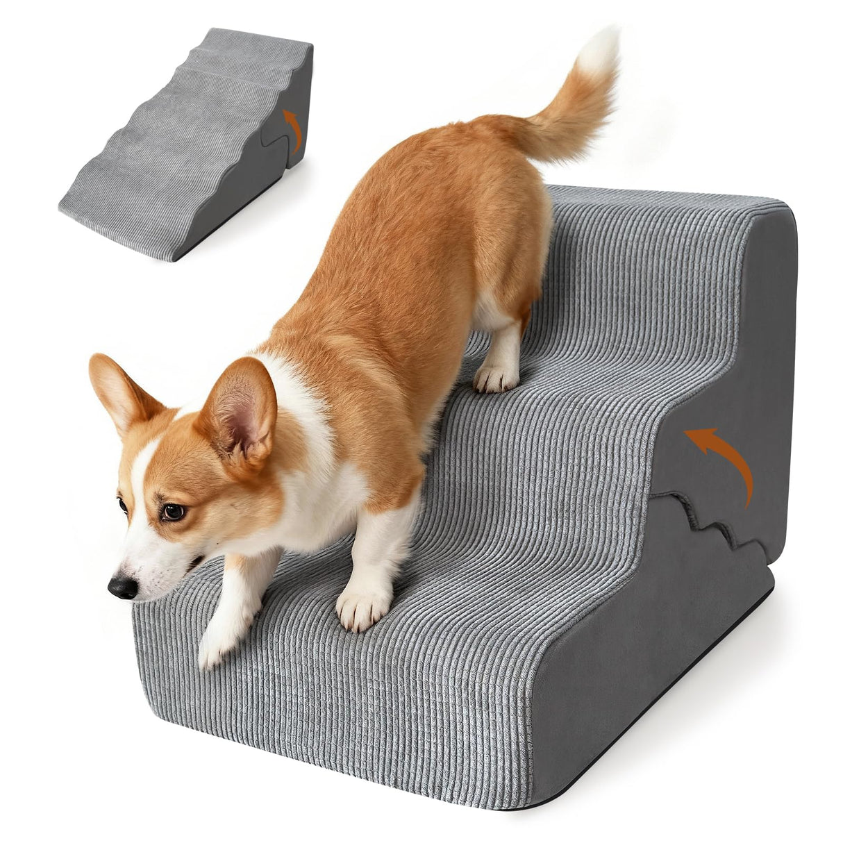 Pet Dog Stairs for Small Dogs, 2 in 1 Transformable 3-Step Pet Stairs and Wave Anti-Fall Slope for Short Legs and Long Legs Dog, for Couch (12-19 in) with Durable Non-Slip Waterproof Cover(Grey)