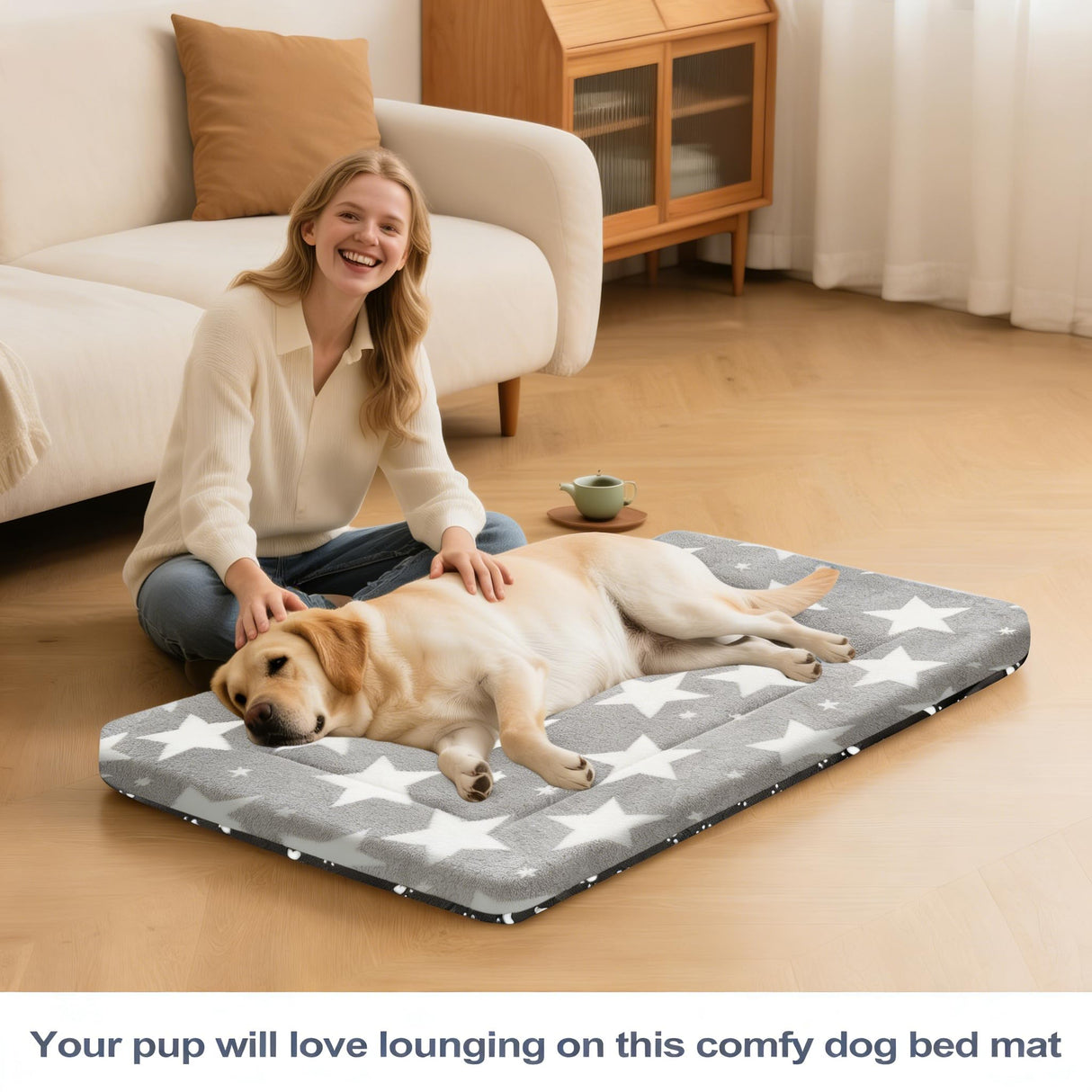 Fogkiss Dog Bed Mat, Reversible Dog Crate Pad with Washable Kennel Mat and Soft Foam, Pet Bed for Dogs & Cats, for Crates Carriers & Travel(Big&Small Stars Grey, 35" L*23" W*1.5" Th)