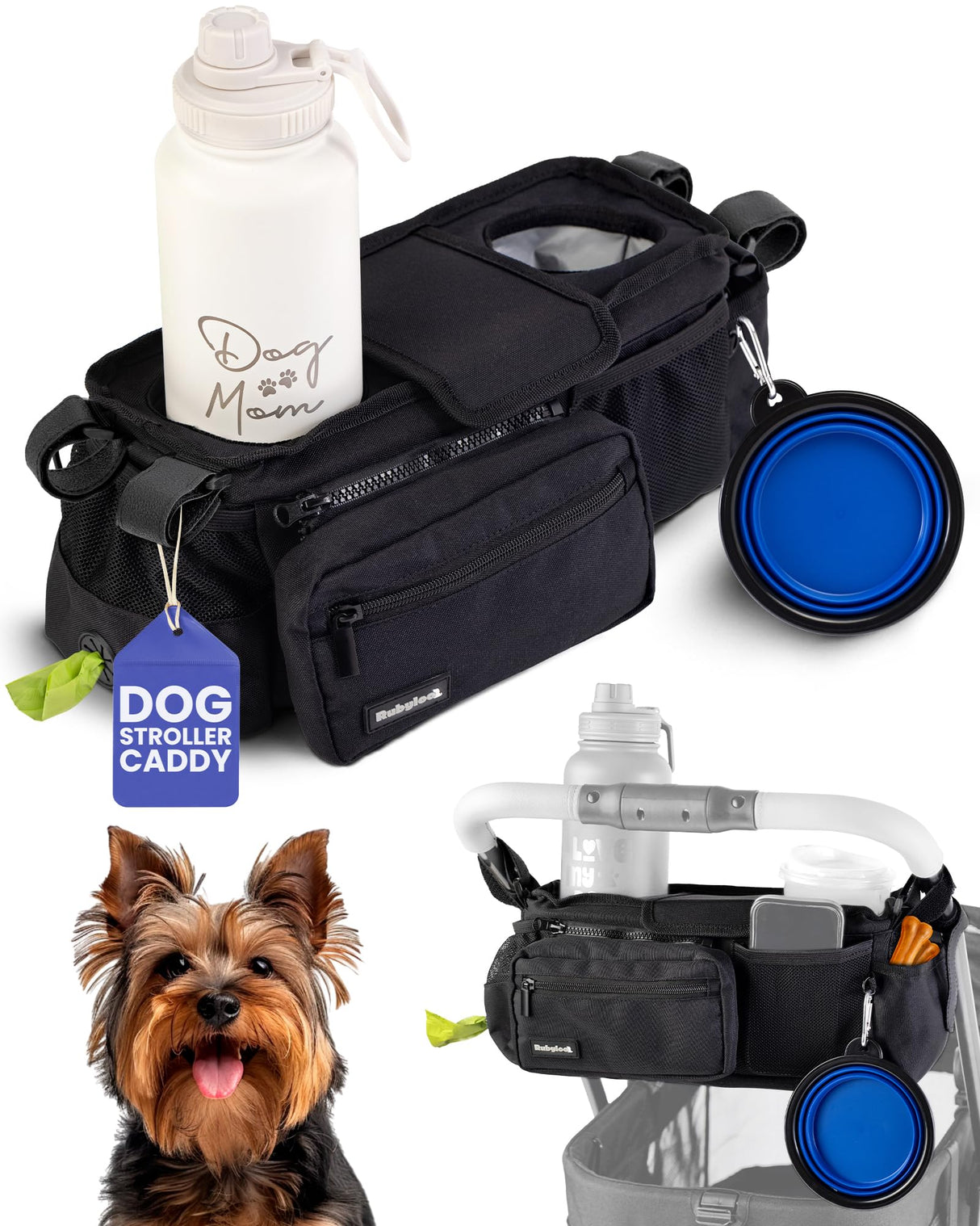 rubyloo Dog Stroller Caddy Organizer with Poop Bag Dispenser, Treat Pocket, Water Bowl – Dog Stroller Accessories with Insulated Cup Holders, Pet Storage & Non-Slip Fit for 14"-19" Wide Handlebars