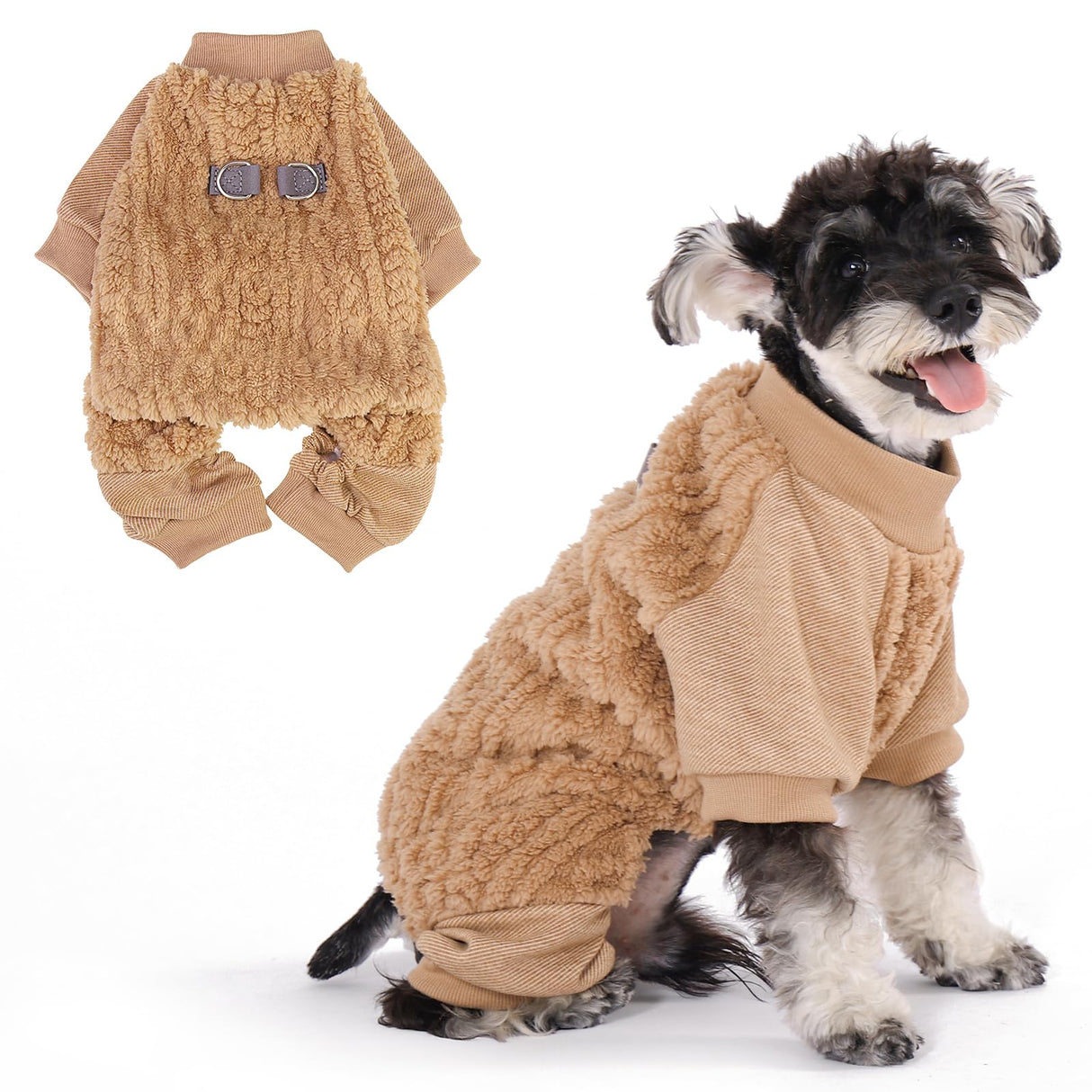 KOOLTAIL Dog Pajamas with Leash D-Ring, Fuzzy Sweater Onesie for Small Dogs, Warm Fleece Pet Jumpsuit Shirt, Lightweight Puppy Cat Pjs Clothes Coat Outfits for Chihuahua, Pitbull, Boy Girl, Beige M