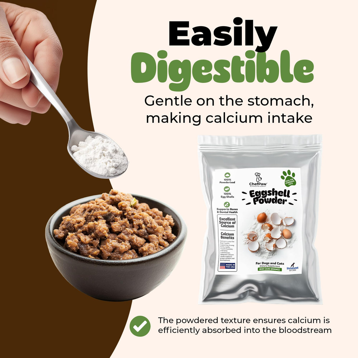 8oz ChefPaw Eggshell Powder for Dogs β Natural Calcium Supplement for Bone Health - Free Chefpaw Nutrition App Access β 100% Powderized - Safe for Homemade and Raw Dog Food Diets