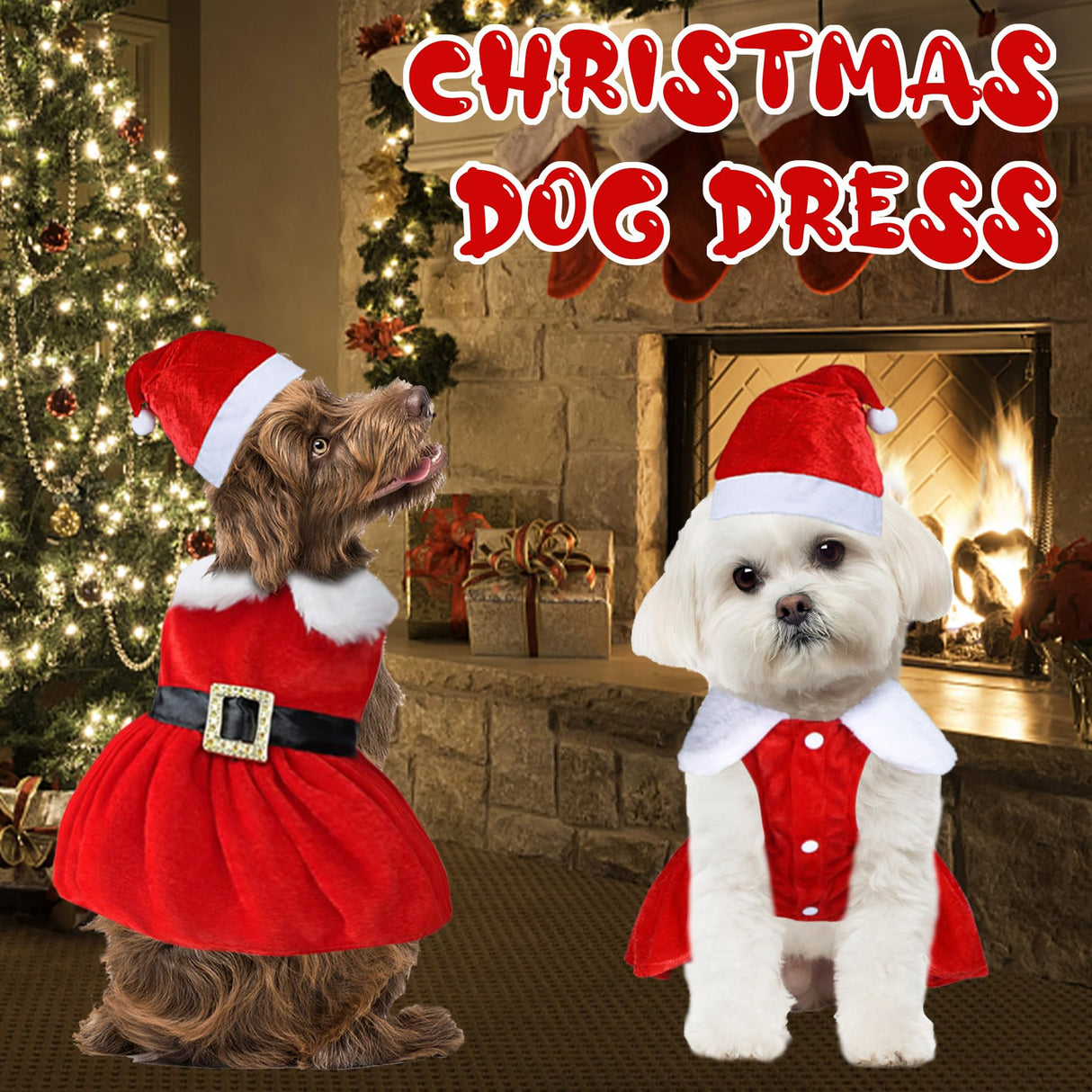 GOYOSWA Cat Kitten Christmas Outfit Cat Christmas Dress Santa Costume Clothes Dog Holiday Outfit Pet Santa Hat Dresses for Kittens Cats Puppy (Dress & Hat, Small)