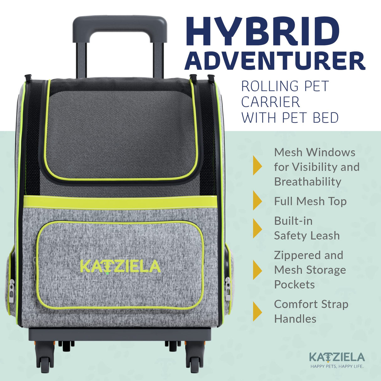 Katziela Wheeled Pet Carrier Backpack - Soft Sided, Airline Approved Hiking Carrying Bag for Small Dogs and Cats – Removable Rolling Wheels – Mesh Ventilation Windows, Storage Pockets (Green/Gray)