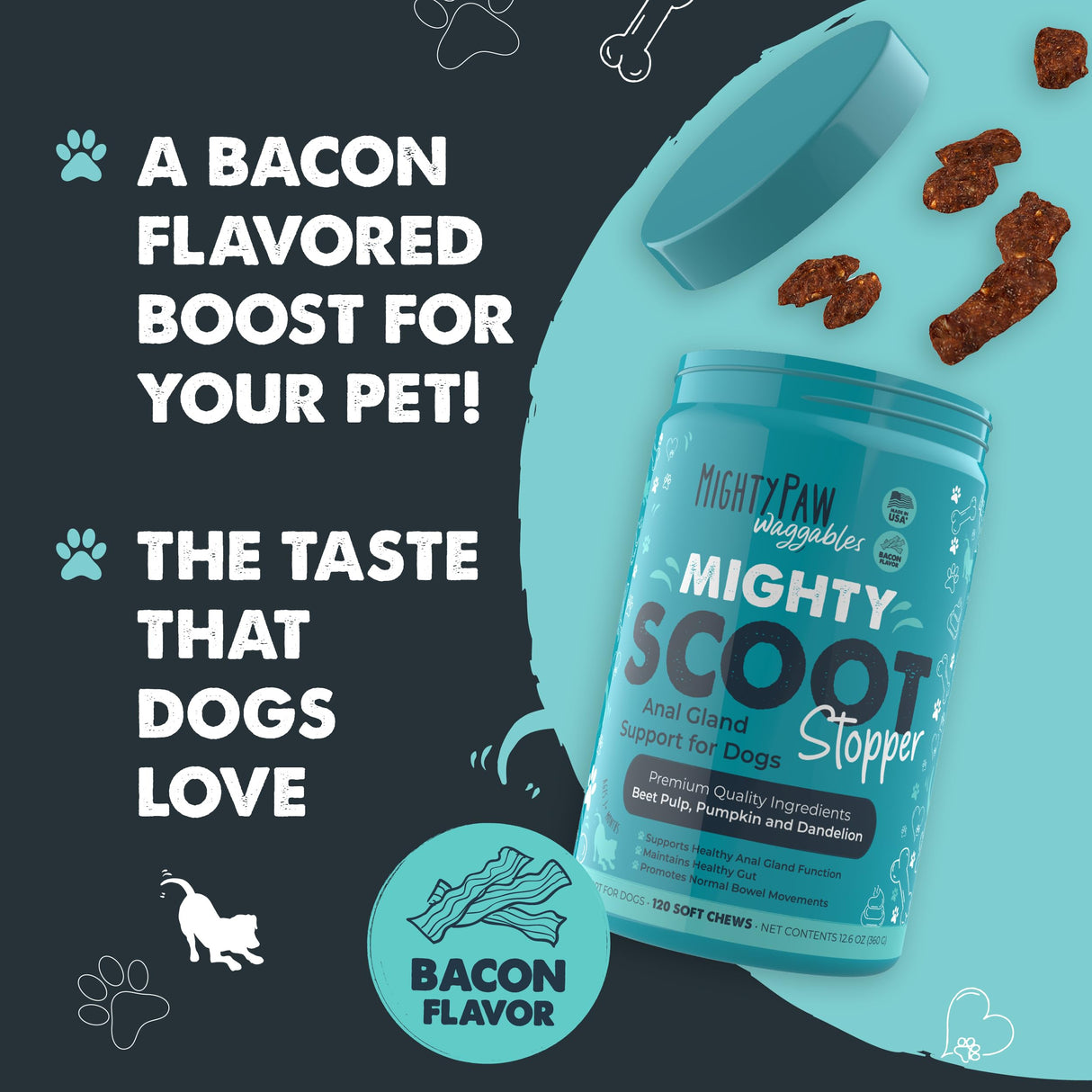 Mighty Paw Waggables Mighty Scoot (Made in USA) | Dog Digestive Support Anal Gland Chews. Anal Gland Scoot for Dogs. Beet Pulp & Pumpkin Fiber Supplements. Pet Bowel Gut Health (120 Count)