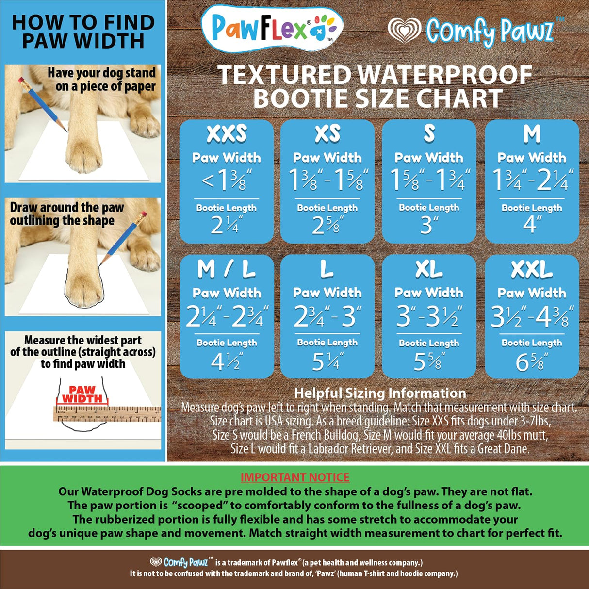 Double Dipped Thick Textured Waterproof Cotton Dog Socks | PawFlex Comfy Pawz Soft Indoor/Outdoor Pet Booties | Non-Slip Silicone Grip at Inner Wrist for No Twisting or Sliding Off| Adjustable Strap