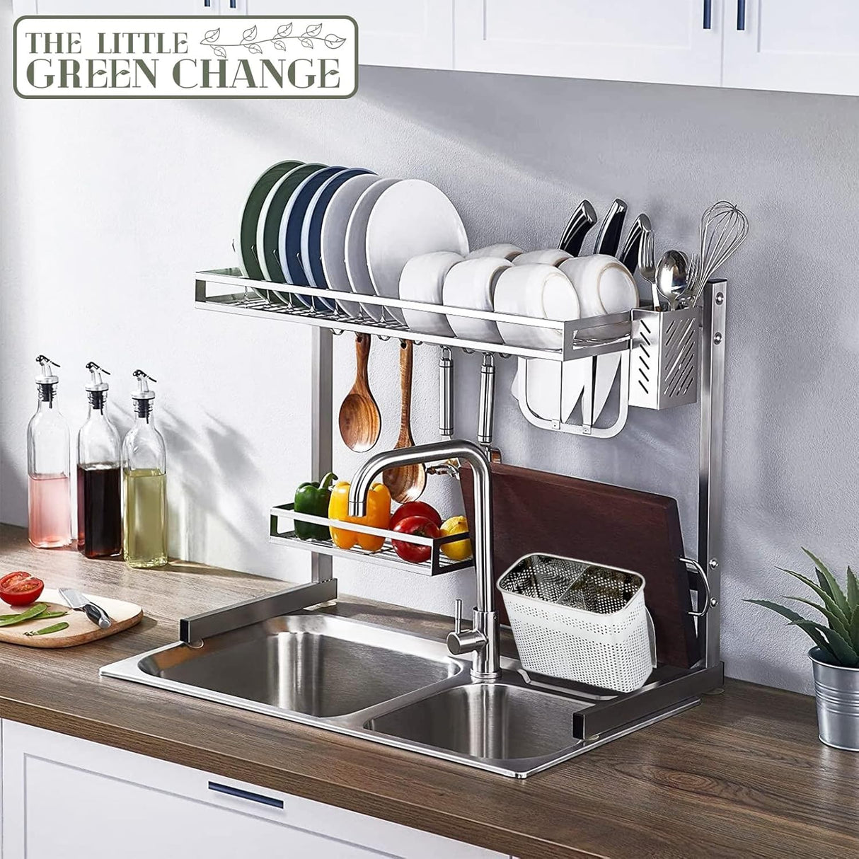 Daeheung Industries Kitchen Utensils Chopsticks Holder Drying Rack Basket with Hooks 2 Divided Compartments Quality Stainless Steel Large L5.4 X H4.3 X W2.6
