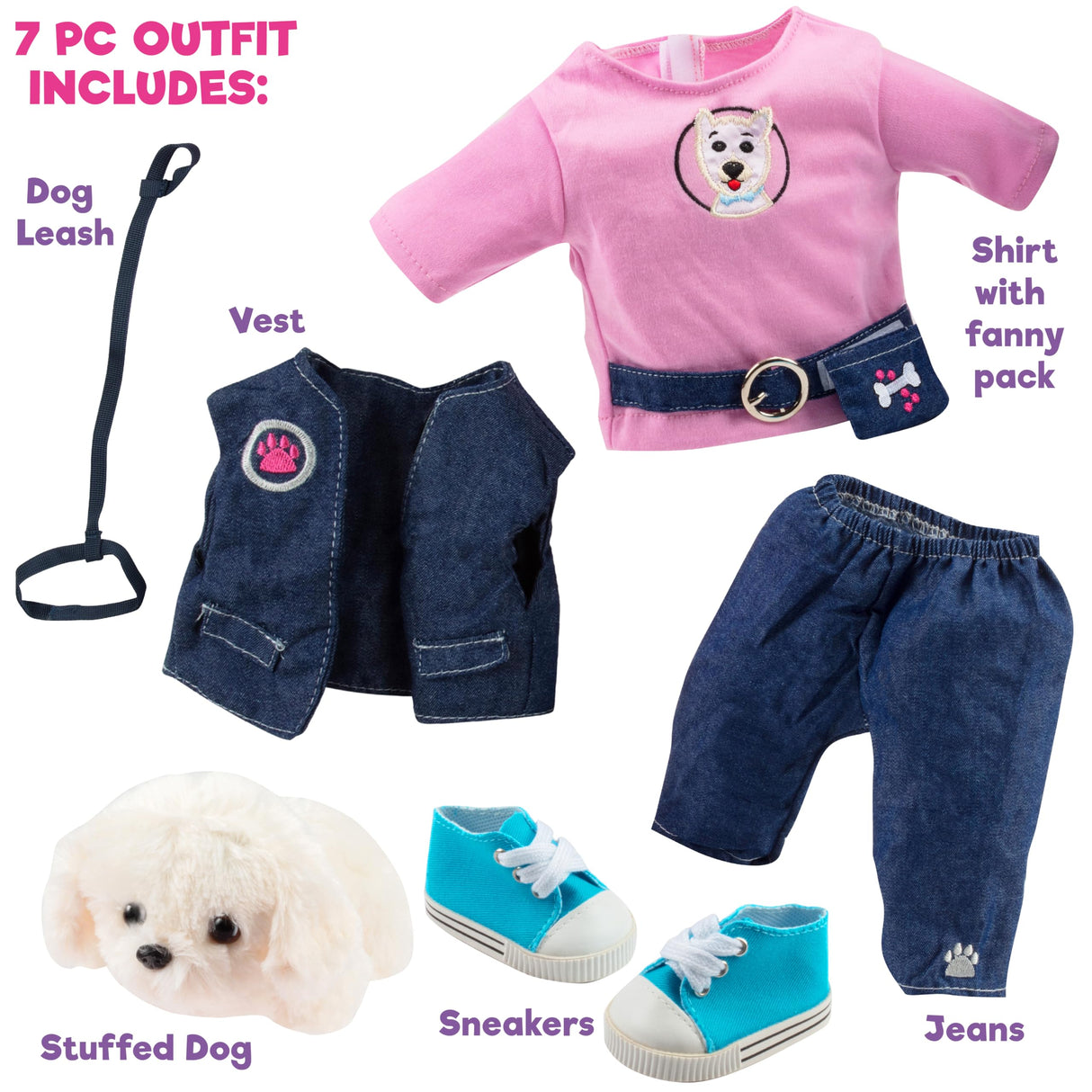 7pc Dog Walker Outfit w Pet Puppy- 18" Doll Clothes & Accessories Compatible w American Girl Dolls- Set Includes T-Shirt, Vest, Pants, Belt, Shoes, Dog Plush & Leash- Perfect Easter Basket Stuffer
