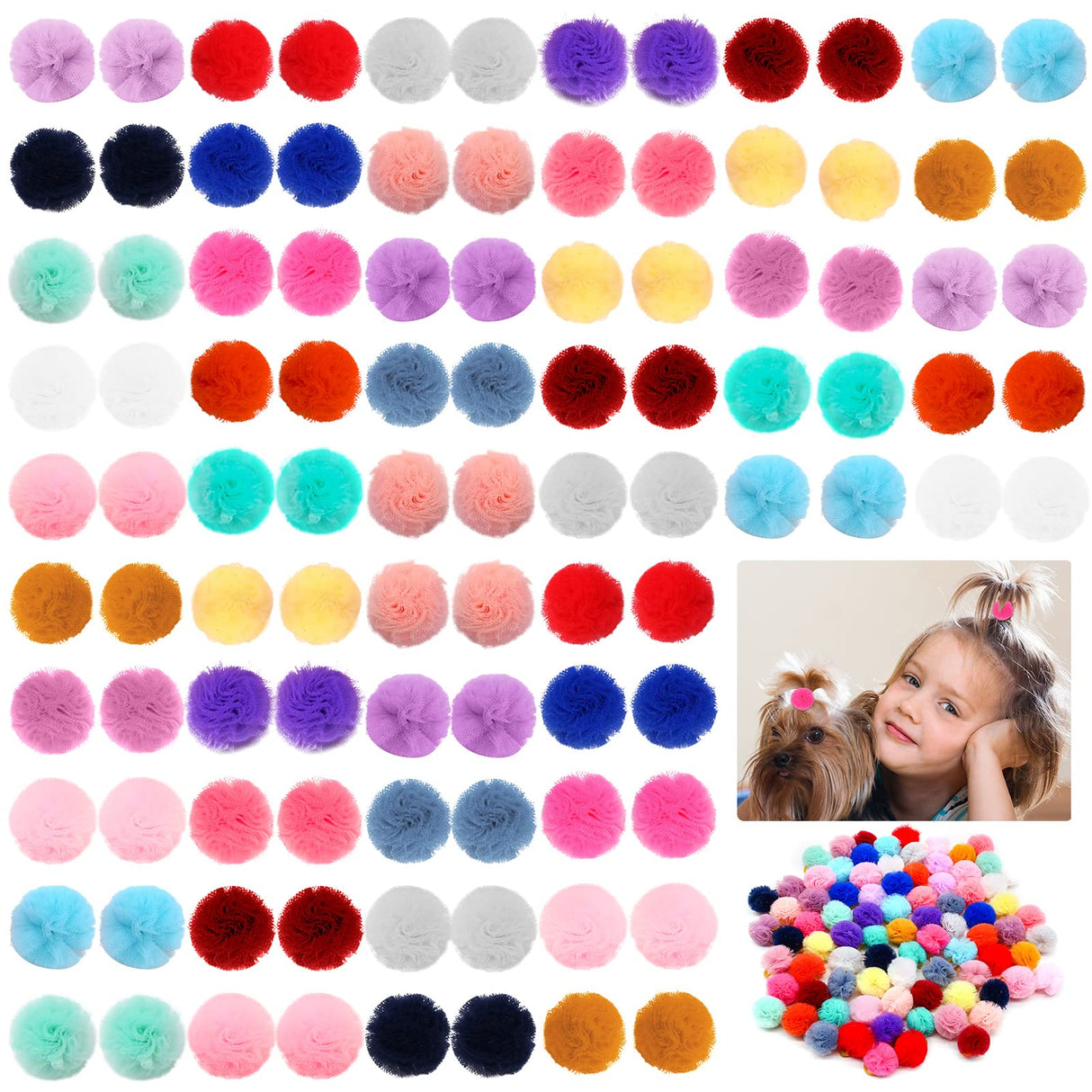 Mruq pet 100pcs Small Pet Dog Hair Bows, Bulk Cute Dog Hair Round Puff Ball Pom Pom Bows with Rubber Bands, Mix Handmade Yorkie Dog Grooming Bows for Dog Hair Accessories