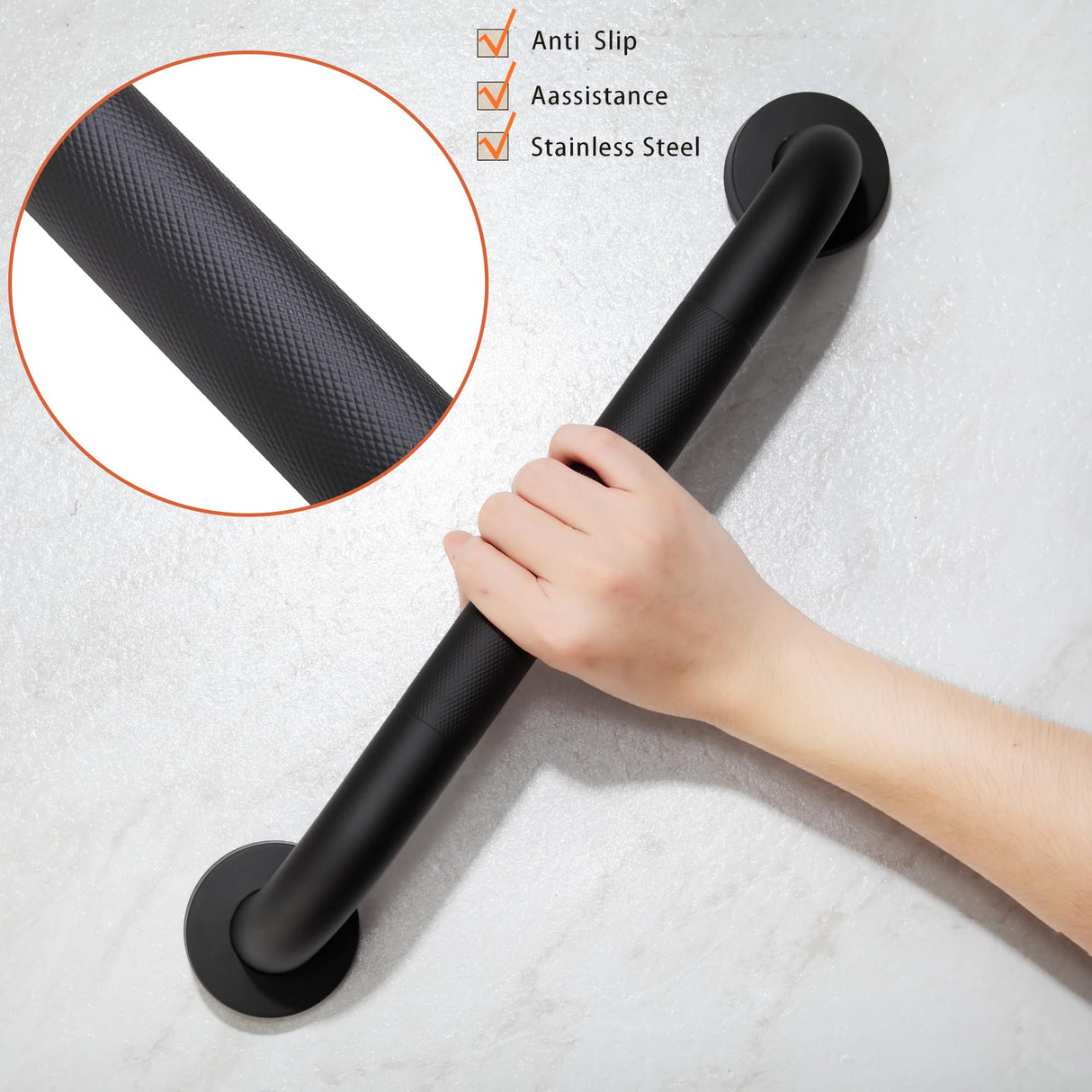 Rackickyer Shower Grab Bar, 2 Pack 24 Inch Black Bathroom Grab Bar, 1.25" Diameter 304 Stainless Steel Anti-Slip Grab Bars for Bathtubs and Showers, Handicap Shower Grab Bar for Seniors Elderly