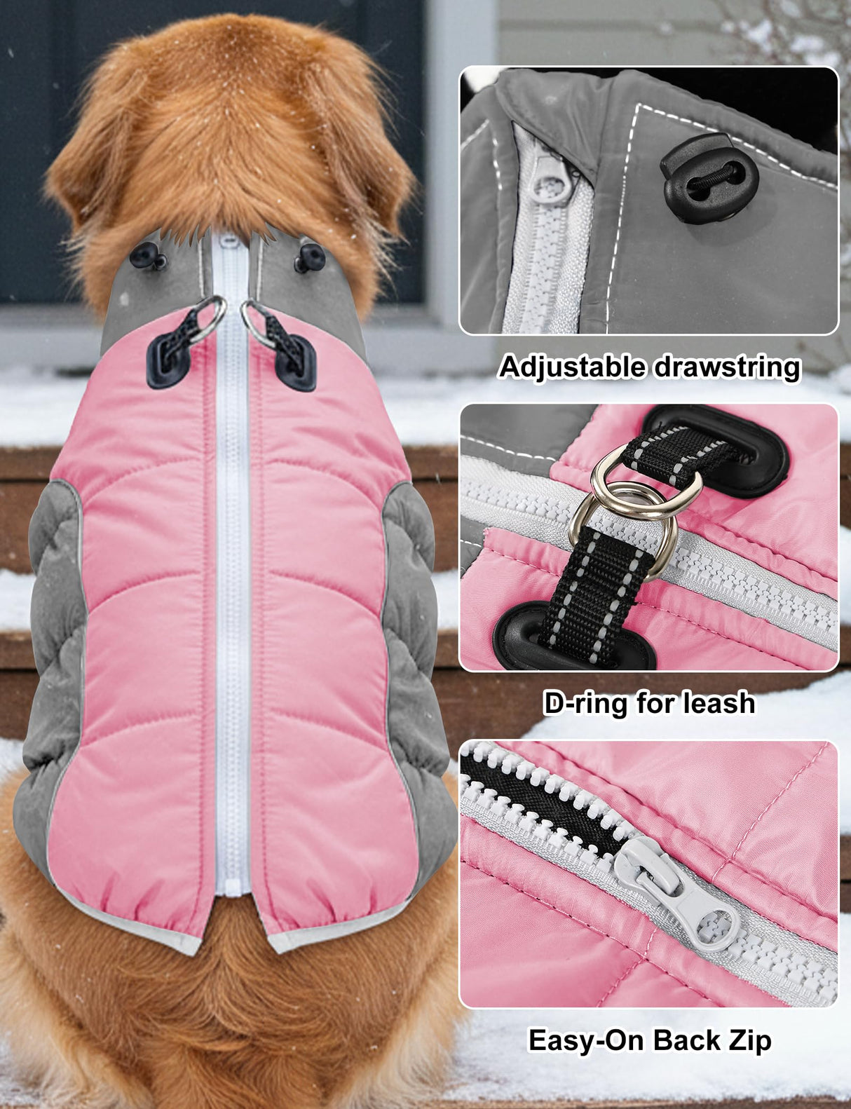 AURUZA Dog Coat, Warm Dog Winter Coat Waterproof Small Dogs Jacket with Harness Built Reflective Pet Vest with Zipper for Medium Dogs Windproof Pet Fleece Puffer Vest Snow Jacket for Cold Weather,Pink