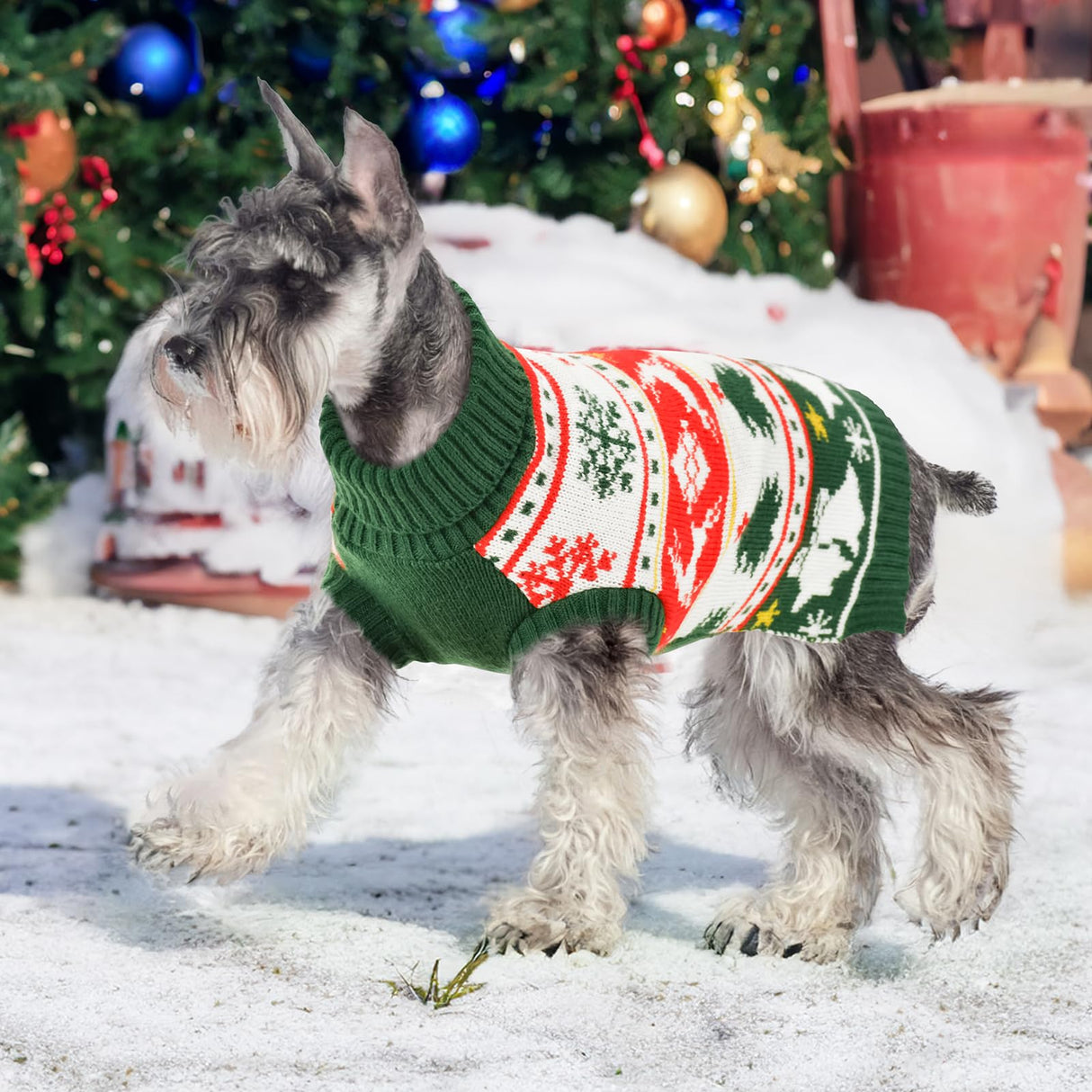 Vehomy Dog Christmas Sweater Warm Pet Xmas Turtleneck Sweater with Snowflakes Reindeers Bells Dog Christmas Knitwear Knitted Shirt Pullover Clothes for Medium Large Dogs L