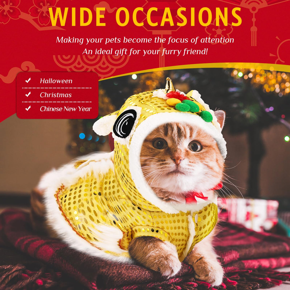 LEIFIDE Lion Dance Dog Costume Chinese New Year Pet Costume with Sequins Chinese Lion Dance Cloth Dog Clothes Hoodies Coat for pet New Year Spring Festival Dress up(2X-Large,Gold)