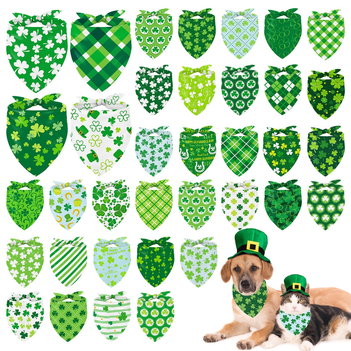 Whaline 36Pcs St. Patrick's Day Dog Bandana Triangle Pet Scarf Adjustable Puppy Neckerchief Green Shamrock Clover Plaid Dog Bib for Irish Holiday Medium Large Cat Costume Accessories