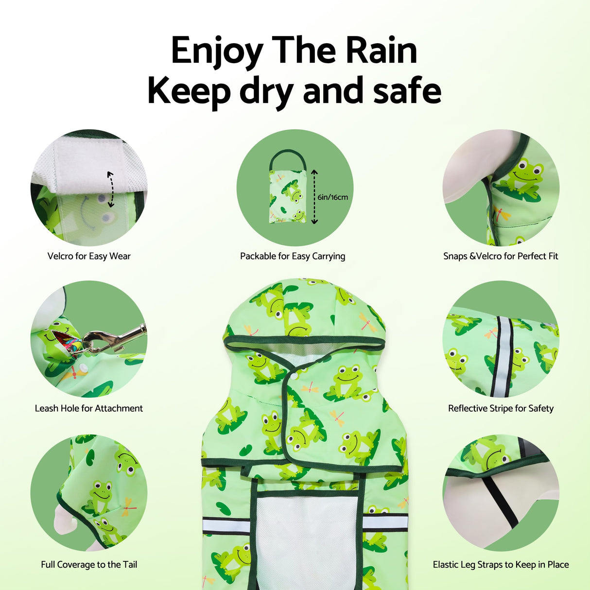 Fitwarm Funny Frog Dog Raincoat with Hood, Waterproof Rain Jacket for Small Dogs Boy Girl, Reflective Pet Poncho with Harness Hole, Packable, Adjustable, Green, XXL