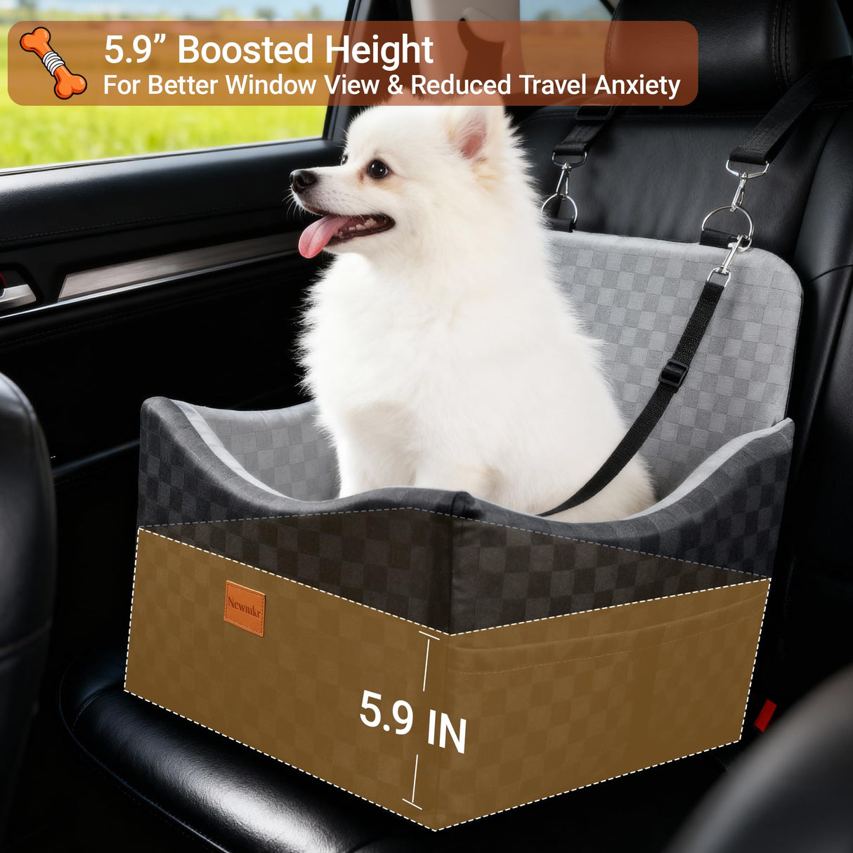 Newmkr 2 in 1 Dog Car Seat Bed for Small/Medium Dogs Up to 35 lbs, Travel Dog Booster Seat with Memory Foam Thick Cushion, Safety Belts&Storage Pockets, Removable Washable Bed Fits Front or Back Seat