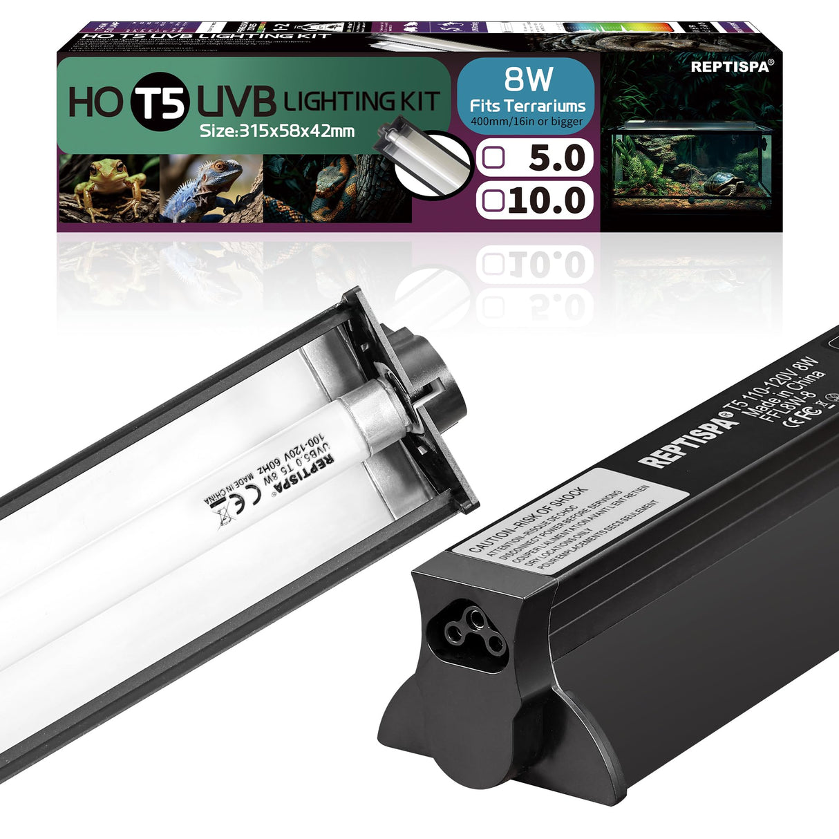 T5 HO UVB Lighting Combo Kit, 8W Reptile Light Fixture with Fluorescent Light Bulbs, Tropical 5.0 UVB Light for Reptiles and Amphibians, Basking Light for Bearded Dragon, High Output Natural Light