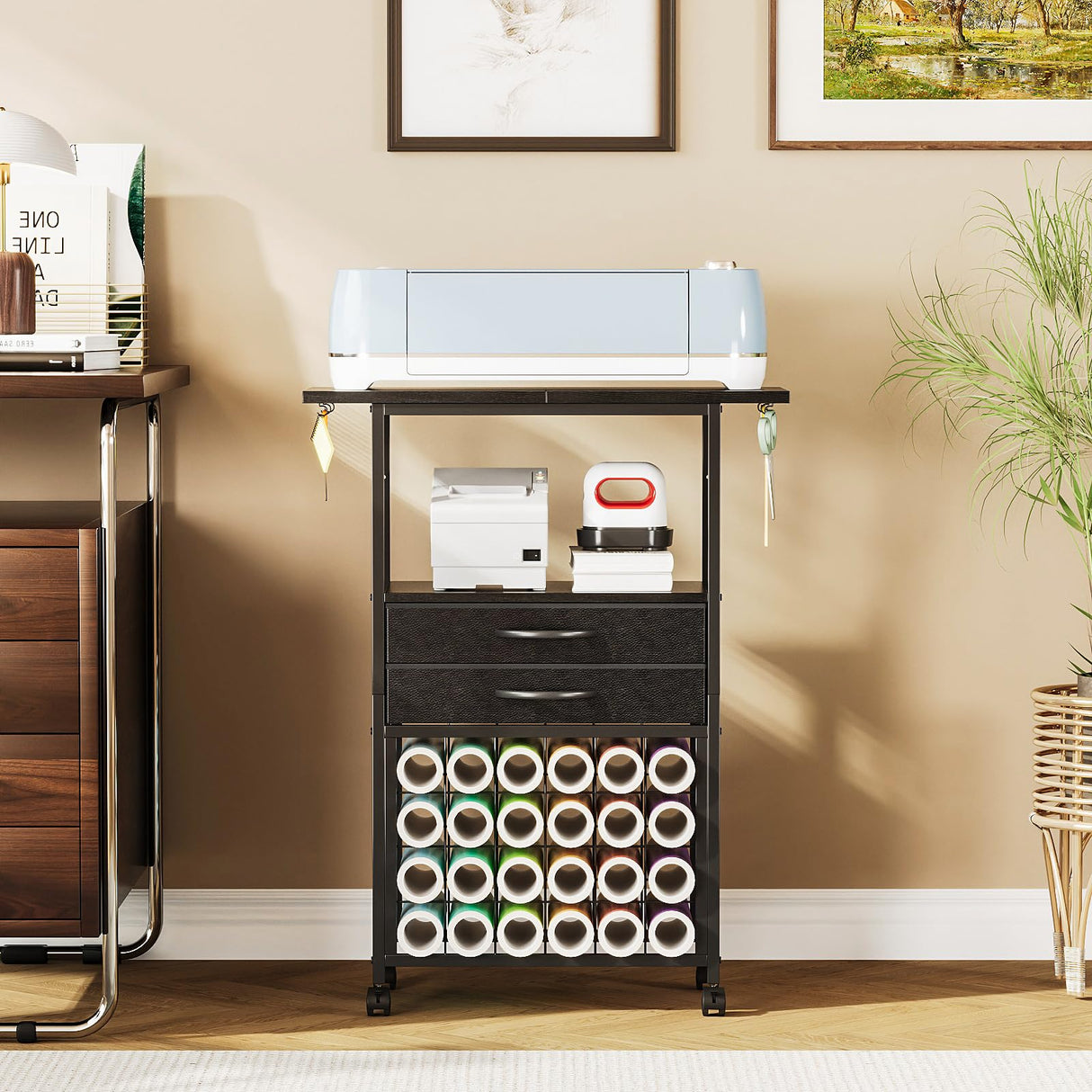 VENNQD Organizer and Storage Stand Compatible with Cricut Machines,Rolling Storage Cart/Shelf with 24 Vinyl Roll Holders,2 Fabric Drawer,Accessories Holder,Tool Hook for Craft Room Home (Black)