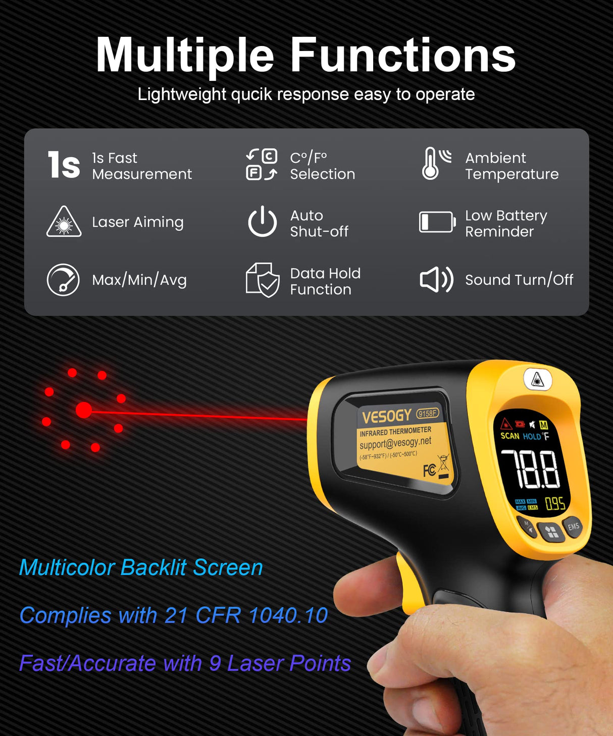 Infrared Thermometer Temperature Gun -58°F ~932°F, Digital Laser Thermometer Gun for Cooking, Pizza Oven, Grill & Engine, IR Thermometer Temp Gun with Adjustable Emissivity & Max-Min Measure