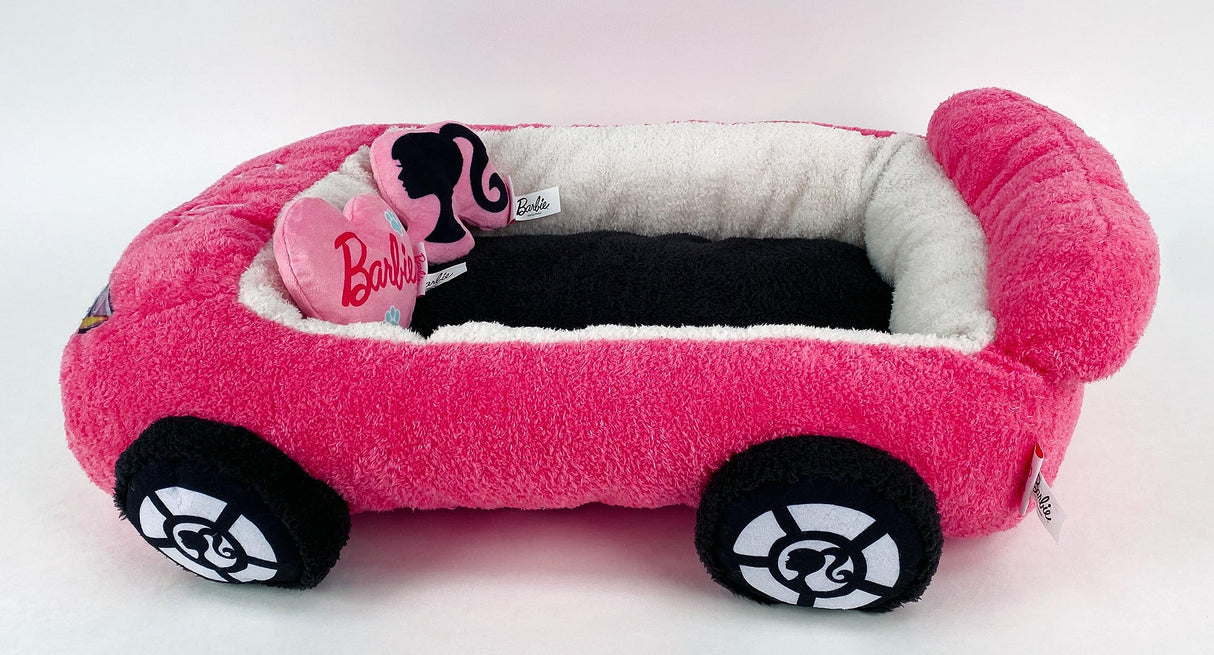 Megatoys Barbie Plush Car Pet Bed- Themed Plush Pink Pet Bed for Dogs and Cats – Soft and Cozy Pet Bed with Barbie Pillow and Car Design
