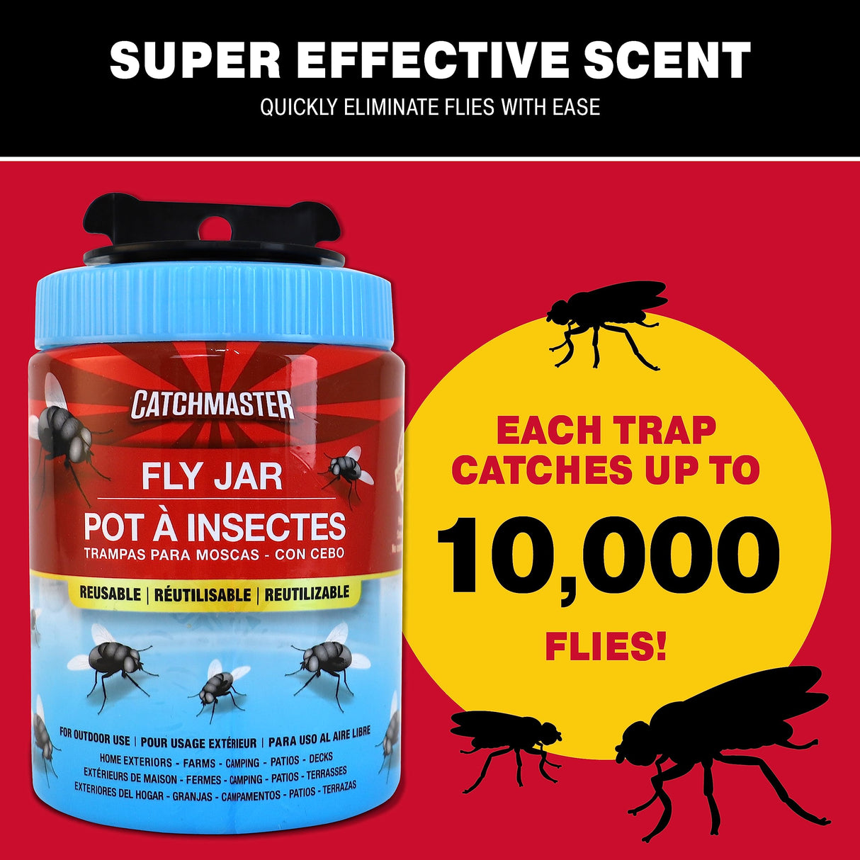 Catchmaster Reusable Fly Traps Outdoor Jar 3-Pack, Bug Catcher and Flying Insect Trap with Natural Attractant for Pest Control, Pet Safe, Non Toxic Bulk Fly Bait Traps