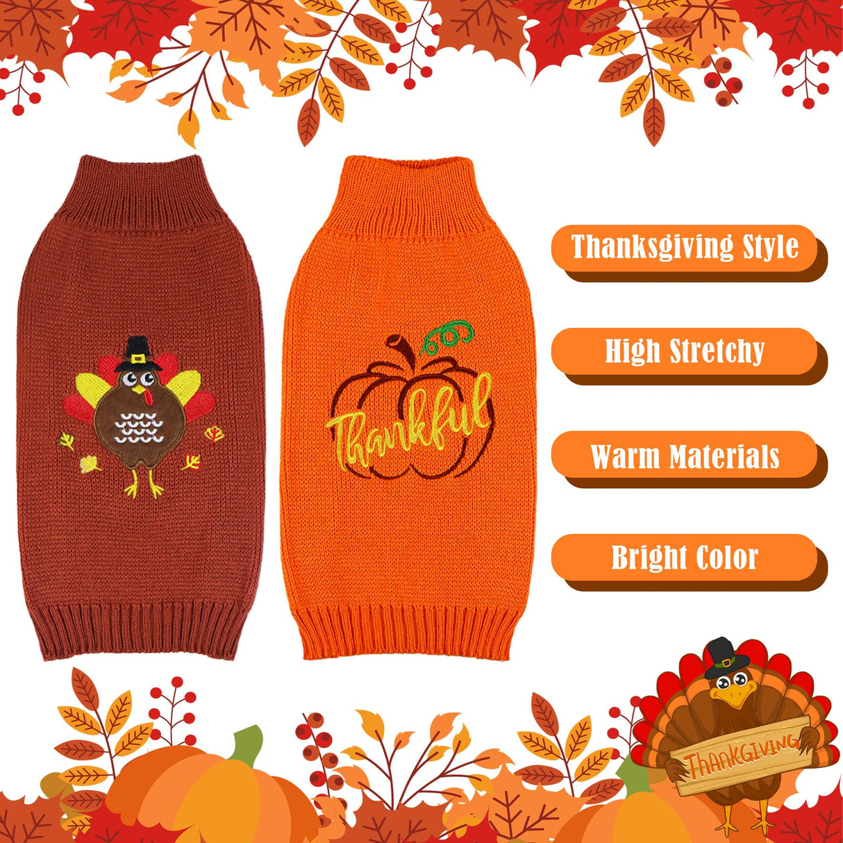 GOYOSWA 2 Pack Dog Thanksgiving Sweater, Knitted Thanksgiving Fall Holiday Dog Sweater Outfit Clothes for Small Medium Large Dogs Pets (Brown & Orange, Small)