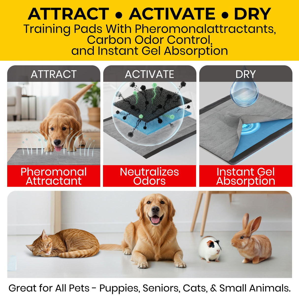 Glad for Pets Black Charcoal Puppy Pads, 23"x23" Disposable Training Pads That Absorb Urine & Neutralize Odor with Activated Carbon - 100 Count