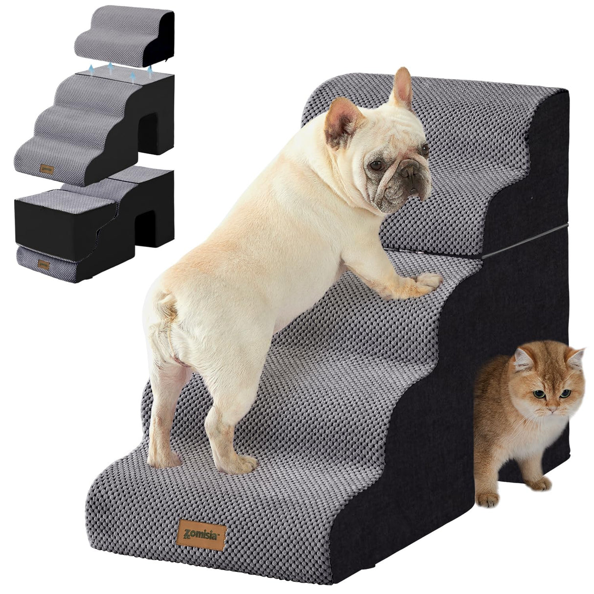 ZOMISIA Dog Ramp for Large Dogs - 24" H 5 Steps Pet Stairs for High Bed with Tunnel 2 in 1 with Zippers Suitable, Indoor Cat Ladders with Non-Slip Bottom, Black