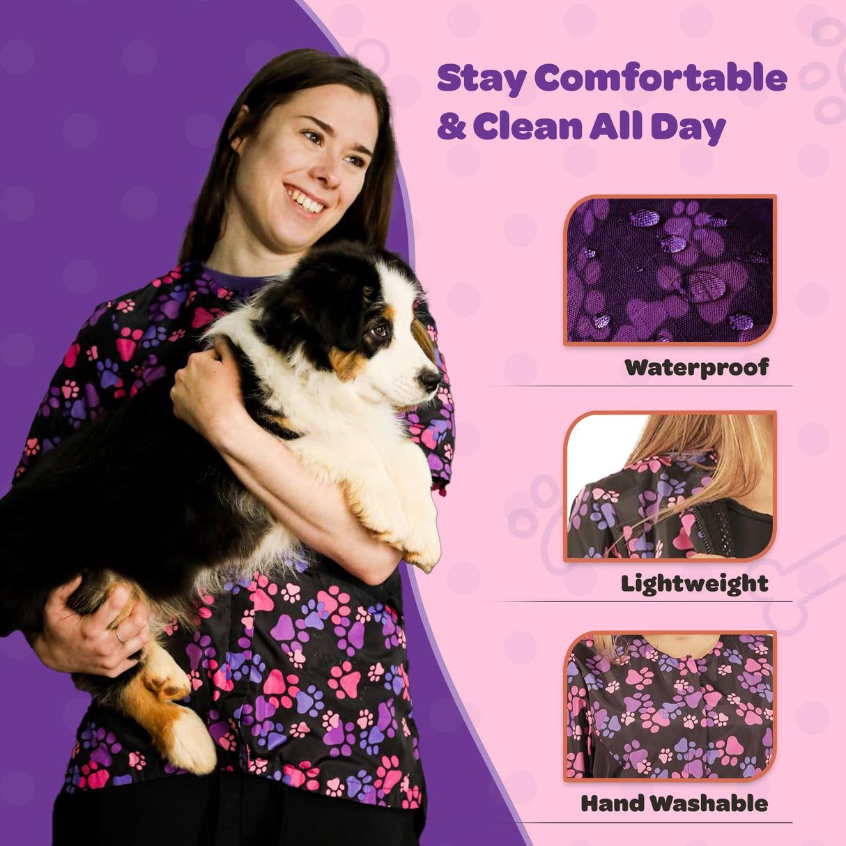 Ladybird Line 725 Pink and Purple Paw Print Waterproof Dog Grooming Smock, Hair and Bleach Resistant with Covered Zipper Panel, Solid Black Back, and Back Tie Belt - Ideal for Pet Groomers - L