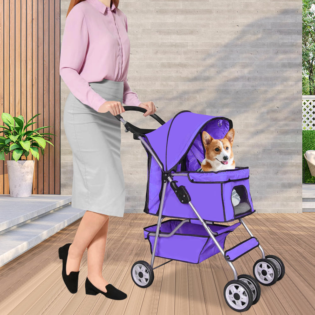 BLKMTY Folding Dog Stroller, 4 Wheels Pet Stroller, Foldable Cat Strollers Waterproof Travel Carrier Strolling Cart for Puppy Jogger with Cup Holder & Storage Basket, Purple